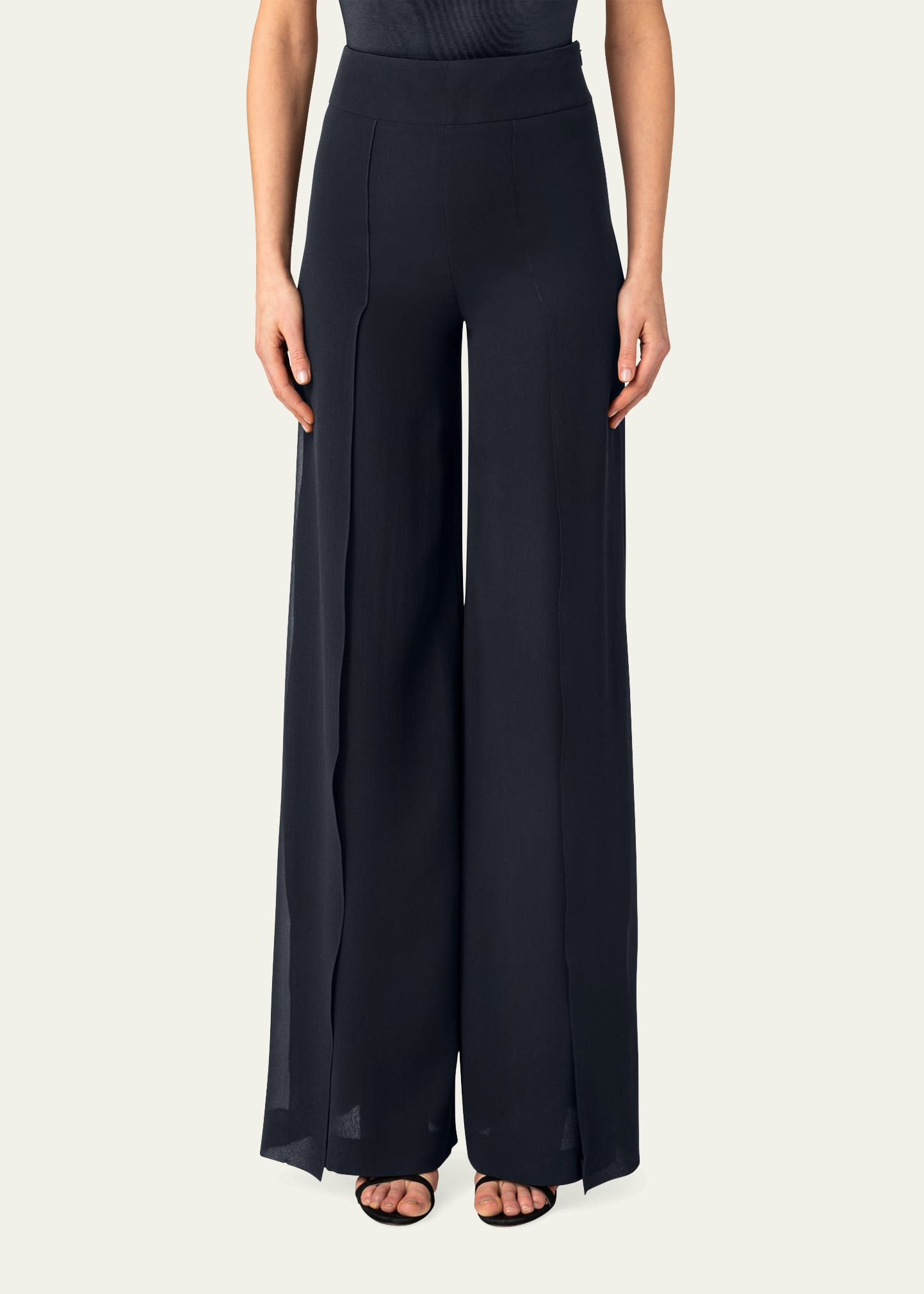 Shop Akris Layered Front-slits Silk Georgette Wide-leg Pants In Black