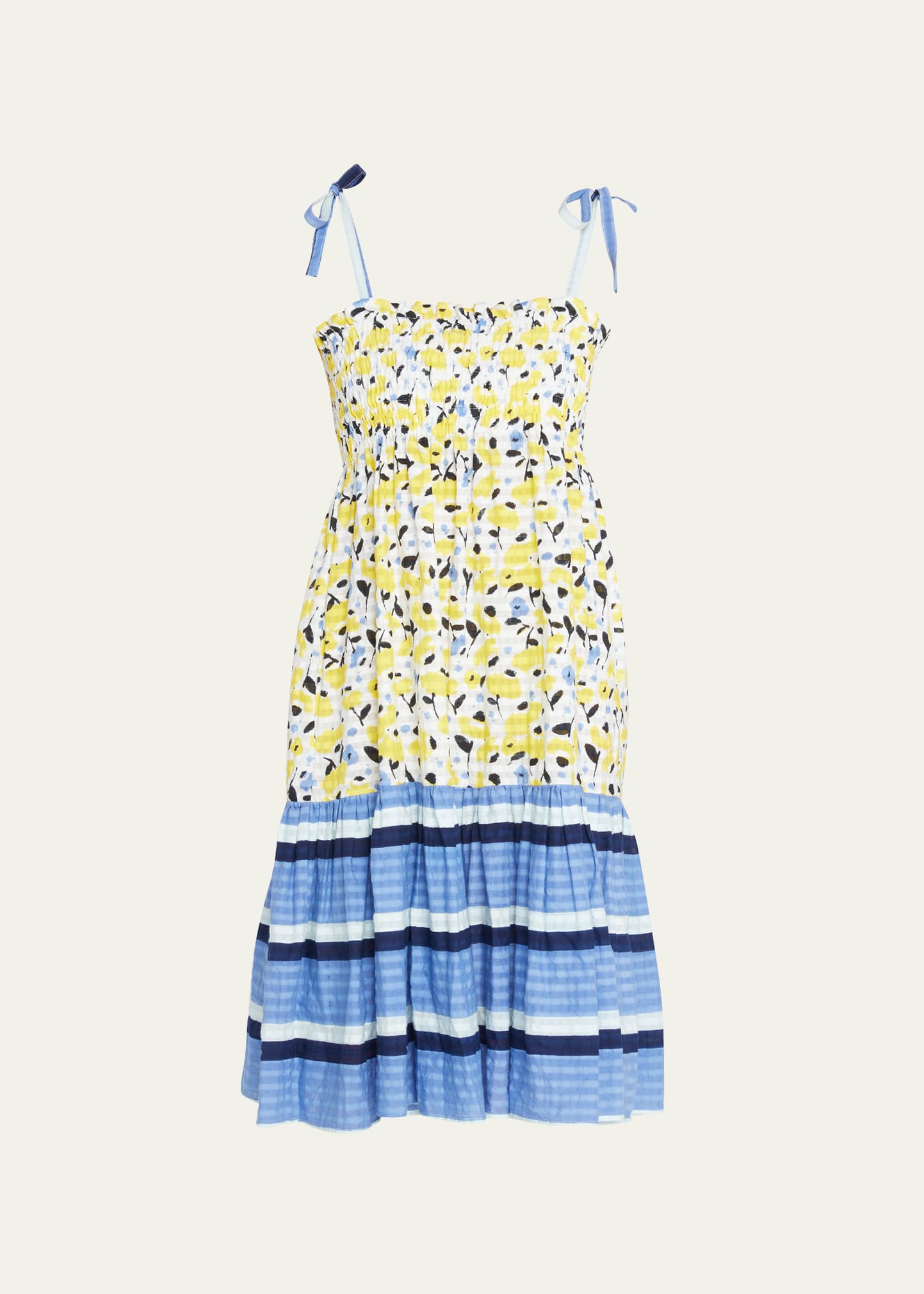 Leandra Mixed-Print Smocked Midi Dress