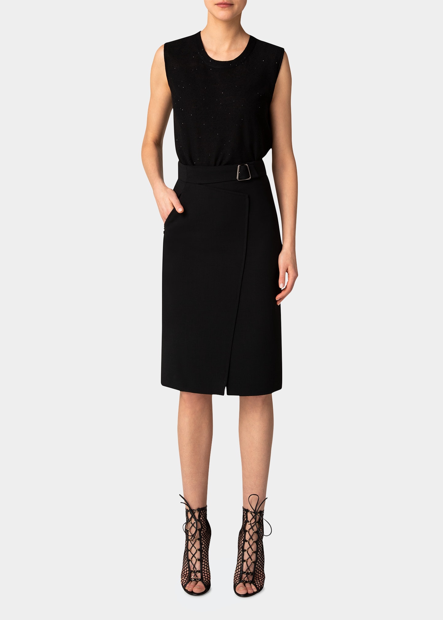 Shop Akris Belted Wool Double-face Wrap Pencil Skirt In Black
