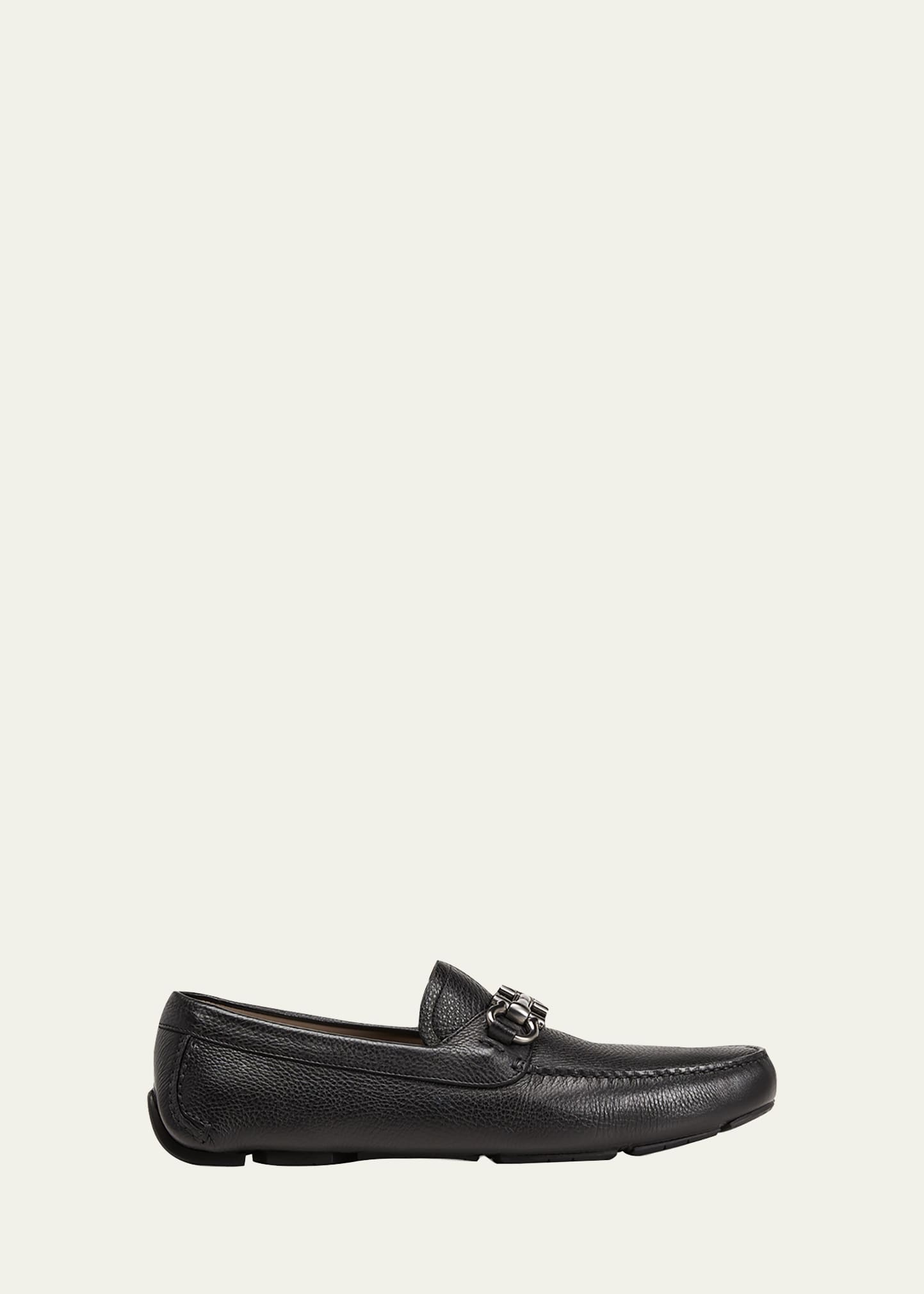 Ferragamo Men Parigi Gancini Leather Drivers Loafers Pebbled T Moro In Nero