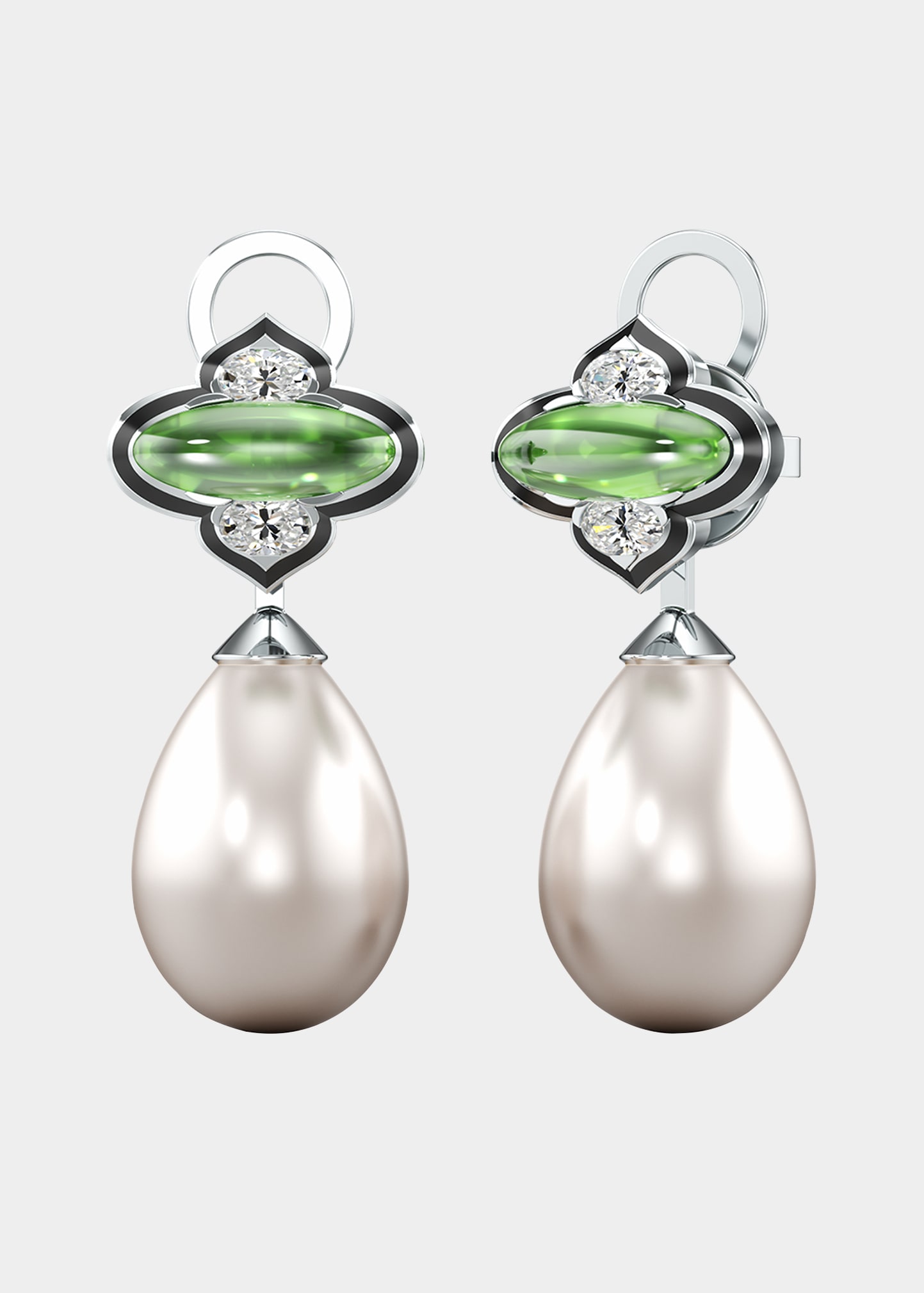 White Gold Diamond and Green Tourmaline Earrings with Black Ceramic and Pearls