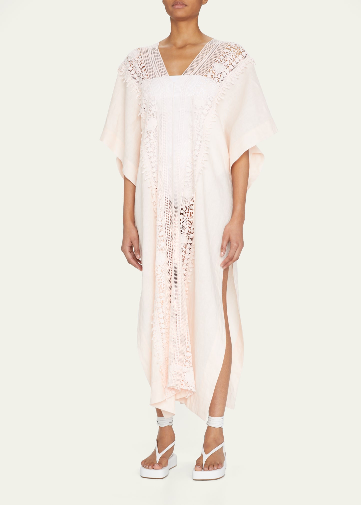 Miguelina Brea Long Linen Crochet Caftan