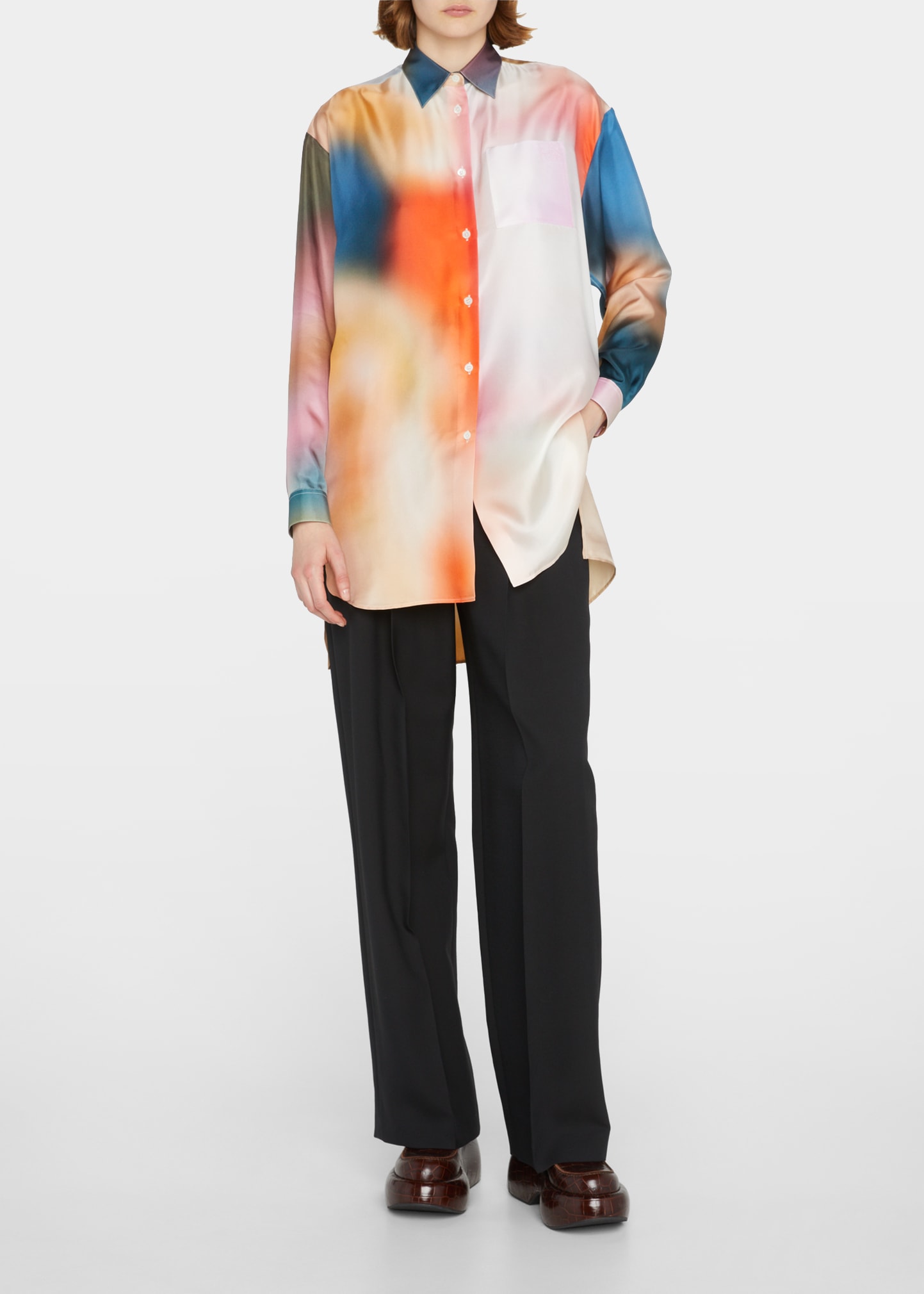 Blur Print Button-Down Silk Tunic Shirt