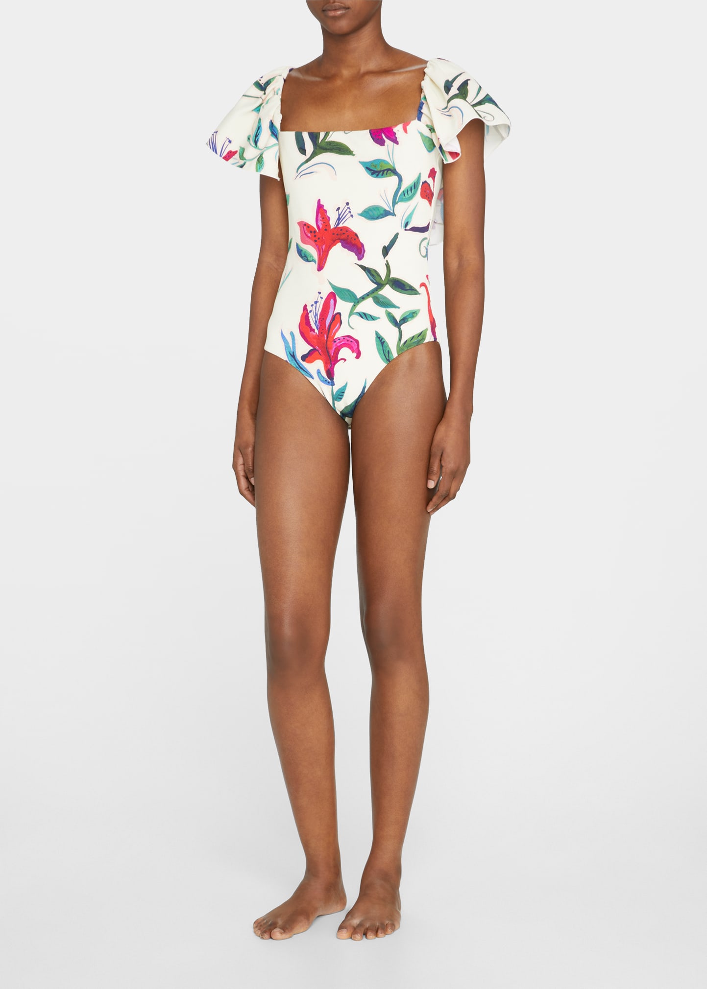 Scarlett Flutter-Sleeve Floral One-Piece Swimsuit