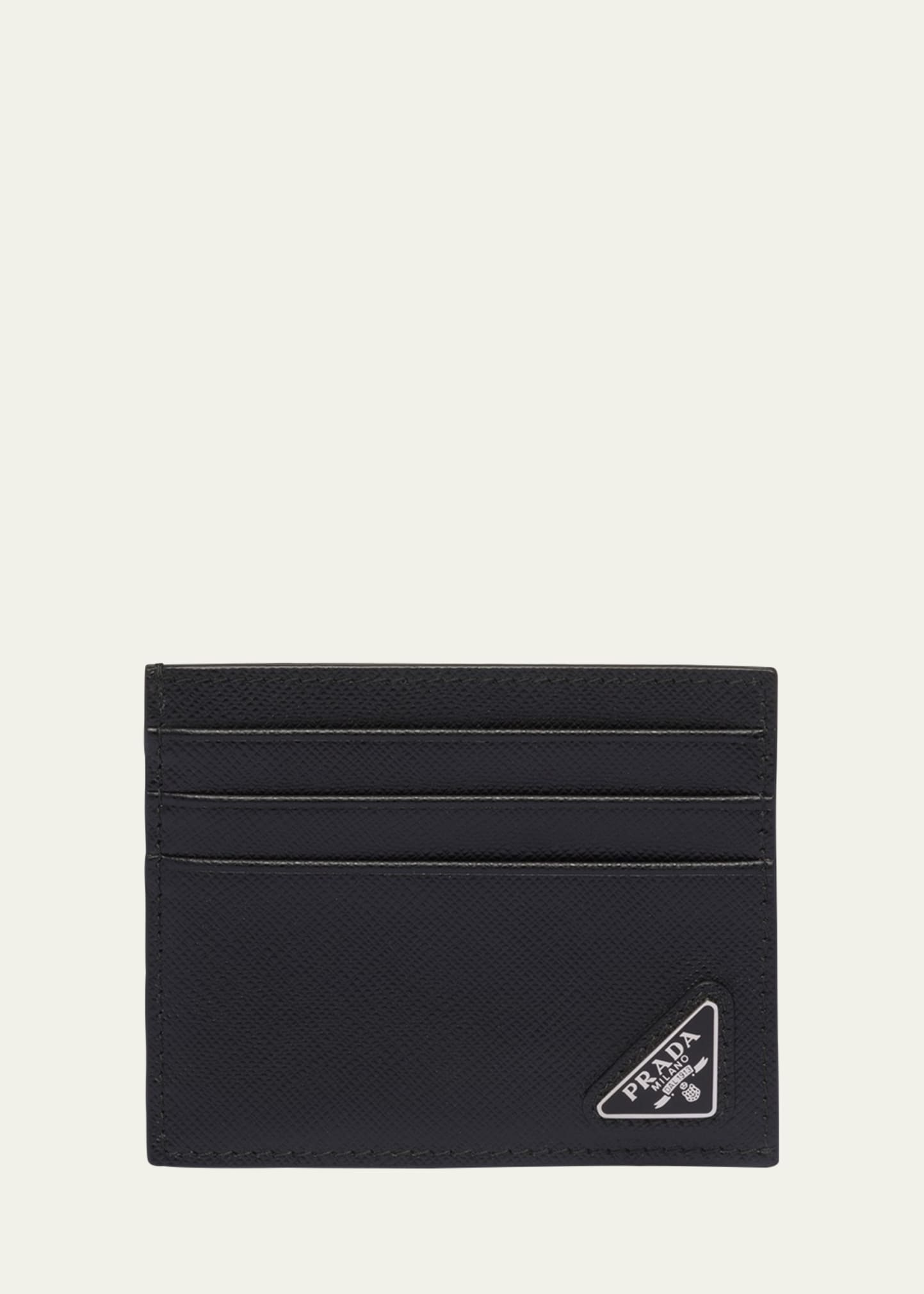 Prada Men's Saffiano Leather Logo Card Case In F0002 Nero
