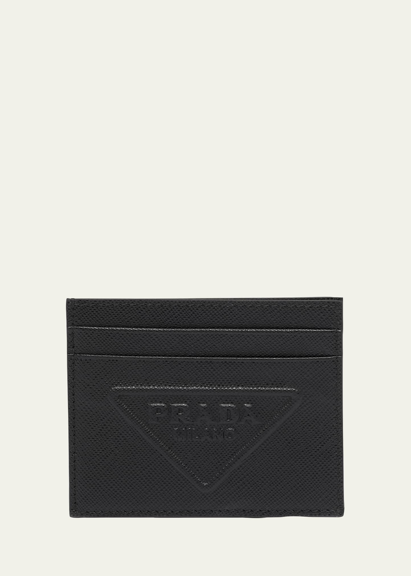 Prada Men's Saffiano Tonal Logo Leather Card Case In F0002 Nero