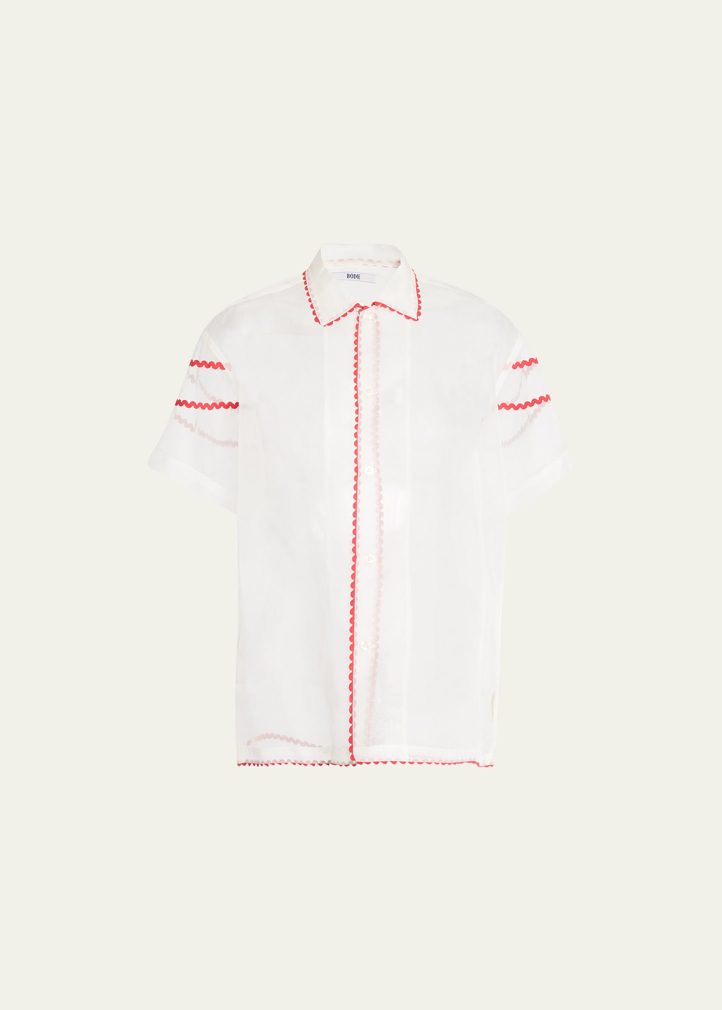 Bode Short-sleeved Ricrac-trim Sheer-silk Shirt In Red White