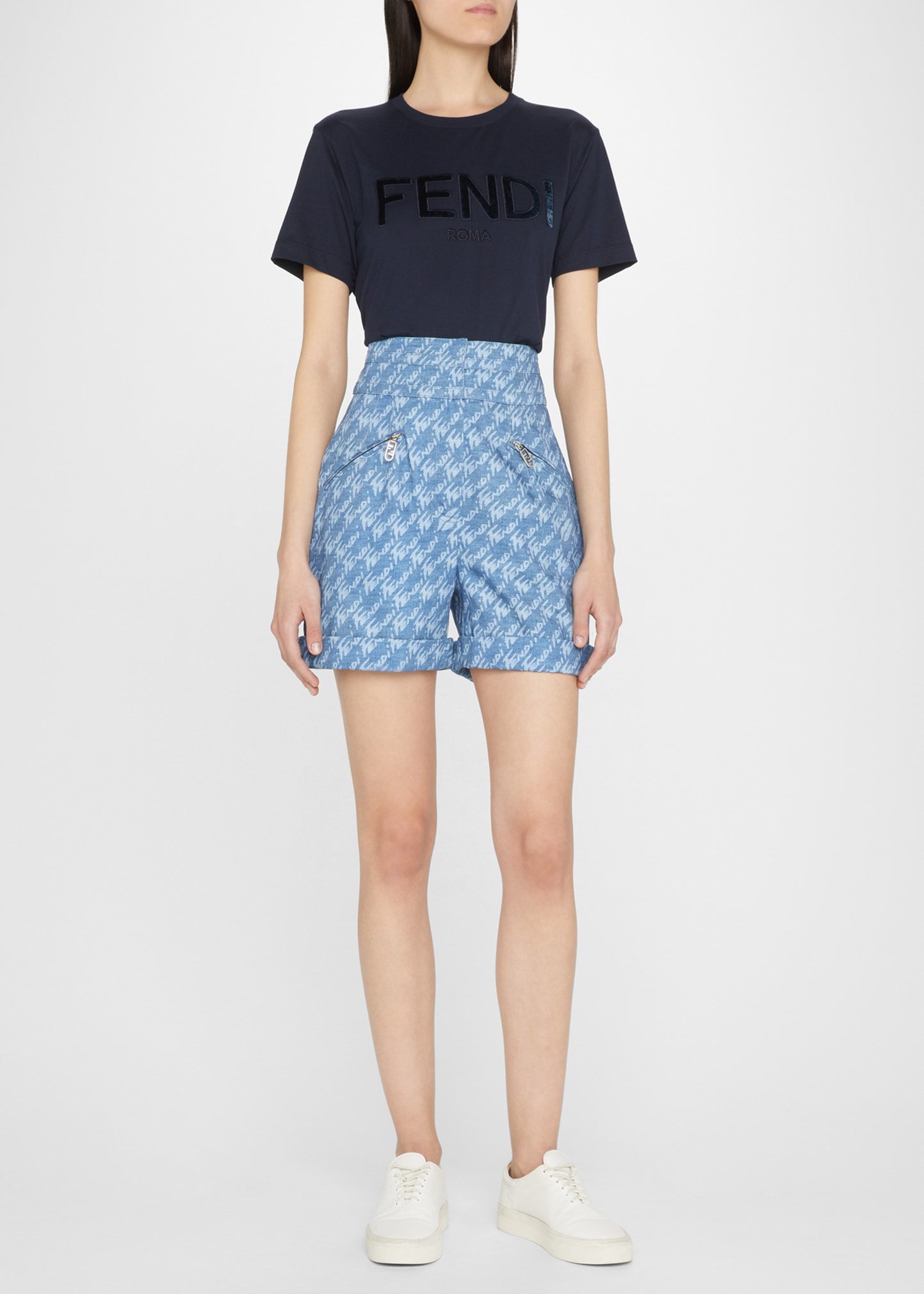 Fendi Brushed Logo High-Waist Denim Shorts