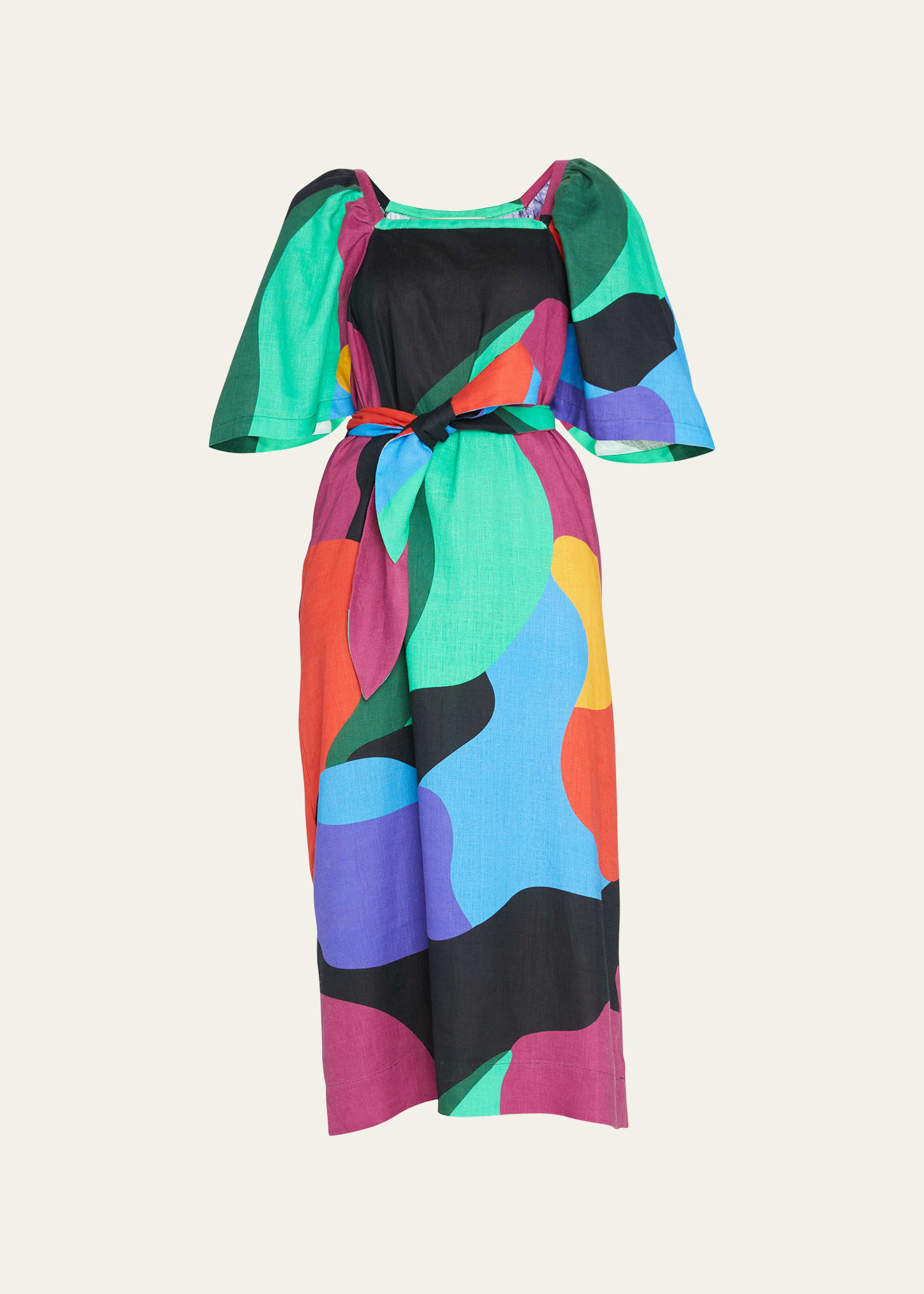 Sara Abstract Belted Midi Hemp Dress