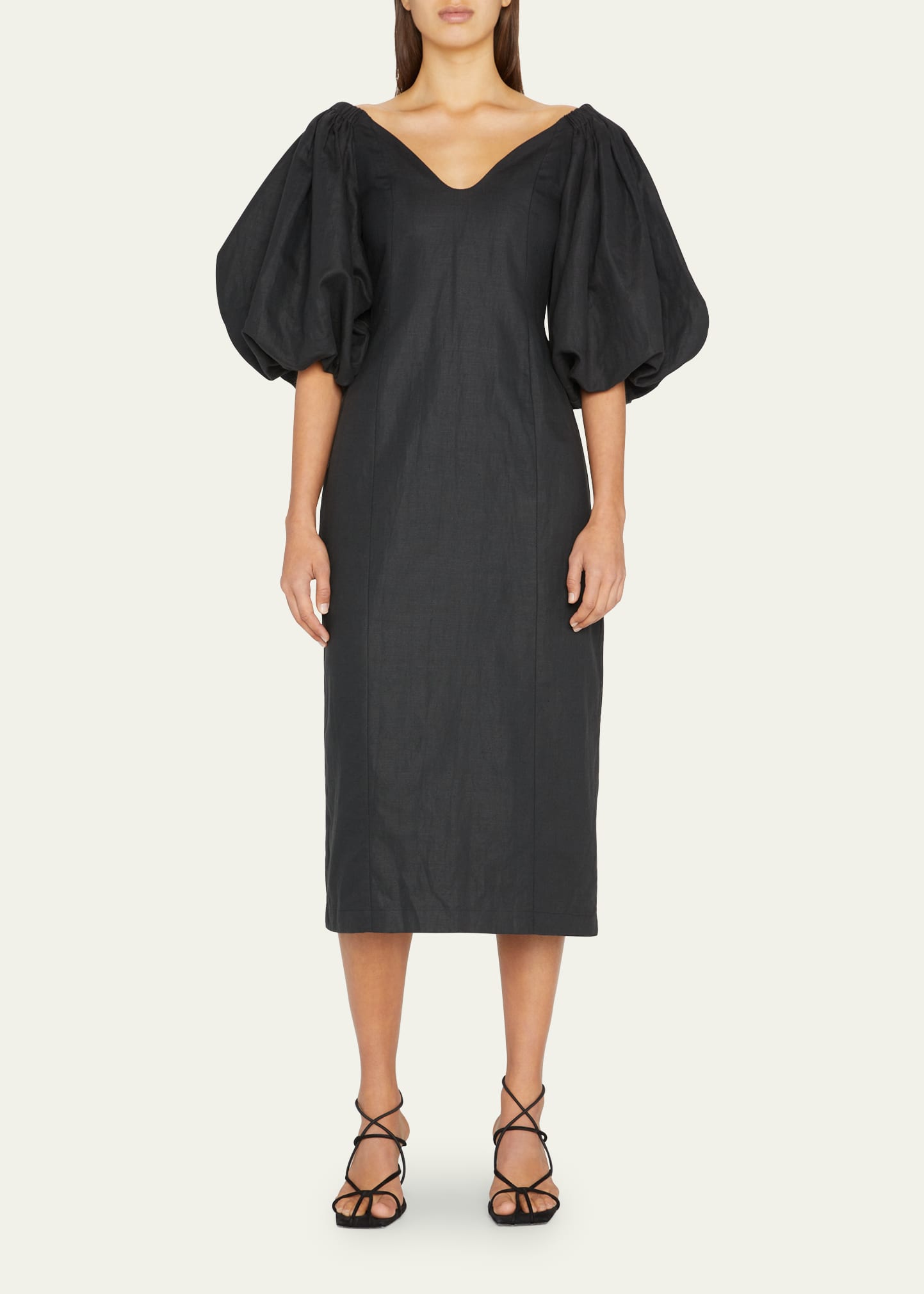 Namari Balloon-Sleeve Woven Linen-Cotton Midi Dress