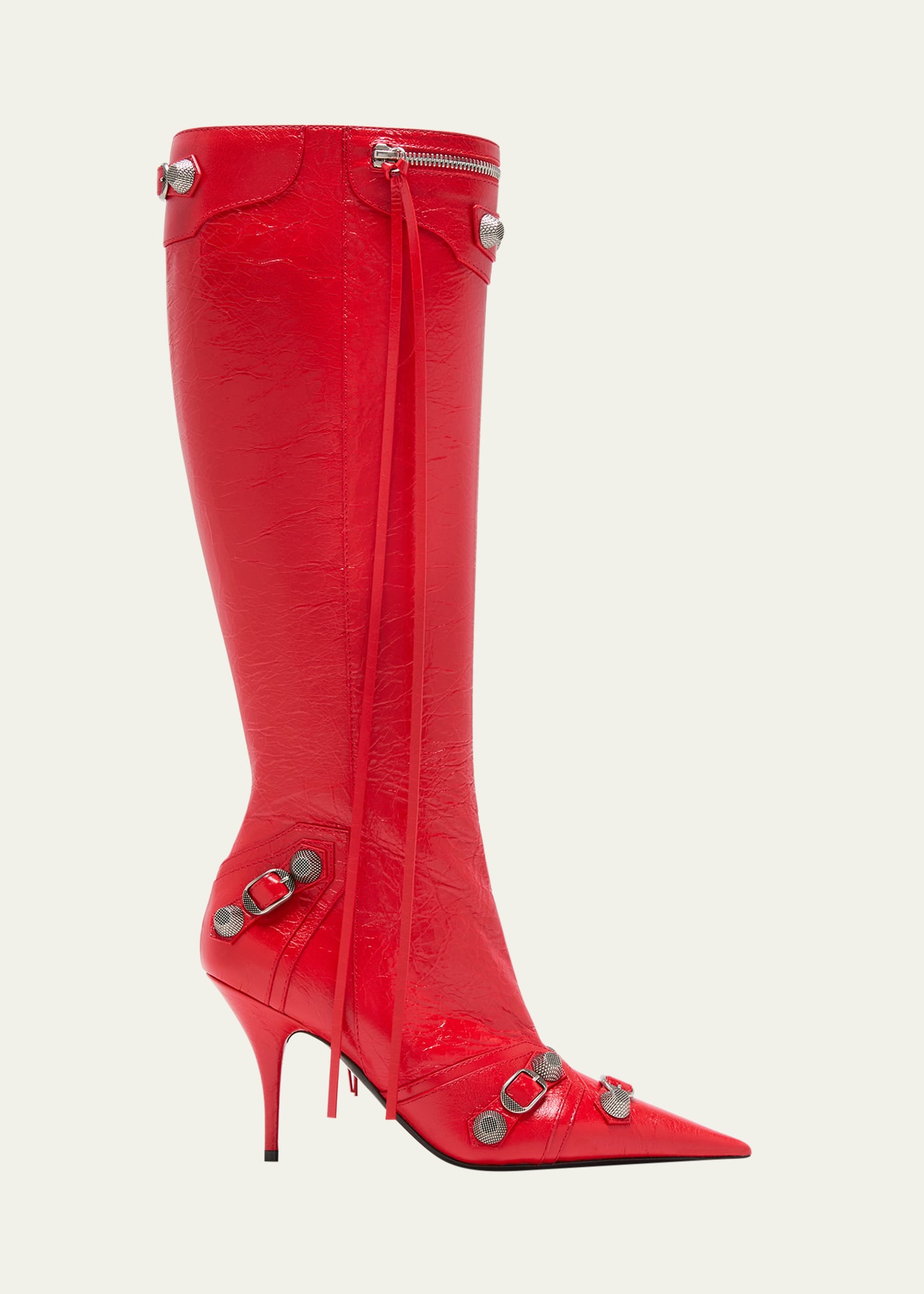 Balenciaga Cagole Lambskin Buckle Zip Knee Boots In Tomato Redaged Ni