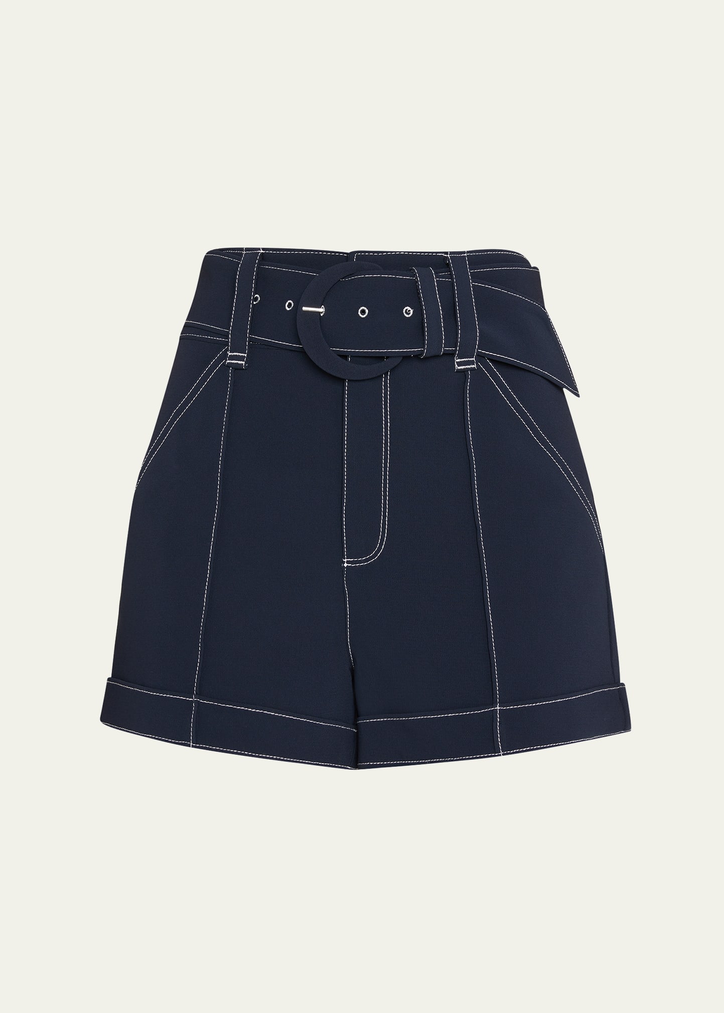 Cinq À Sept Aldi Belted High-rise Stitched Shorts In Navy/ivory
