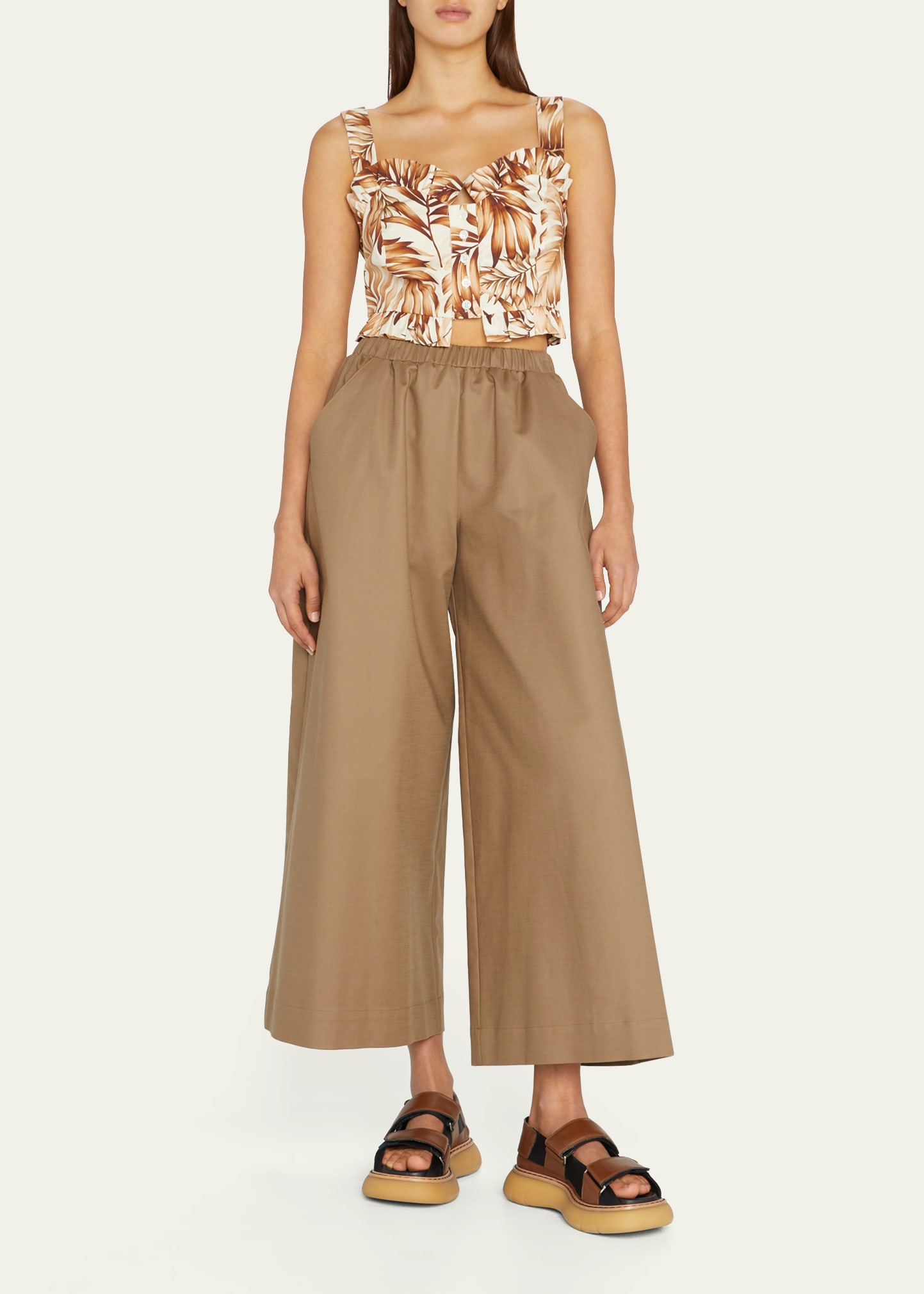 Autumn Adeigbo Aiday Leaf Printed Button-front Ruffled Crop Top In Tan Palm Print
