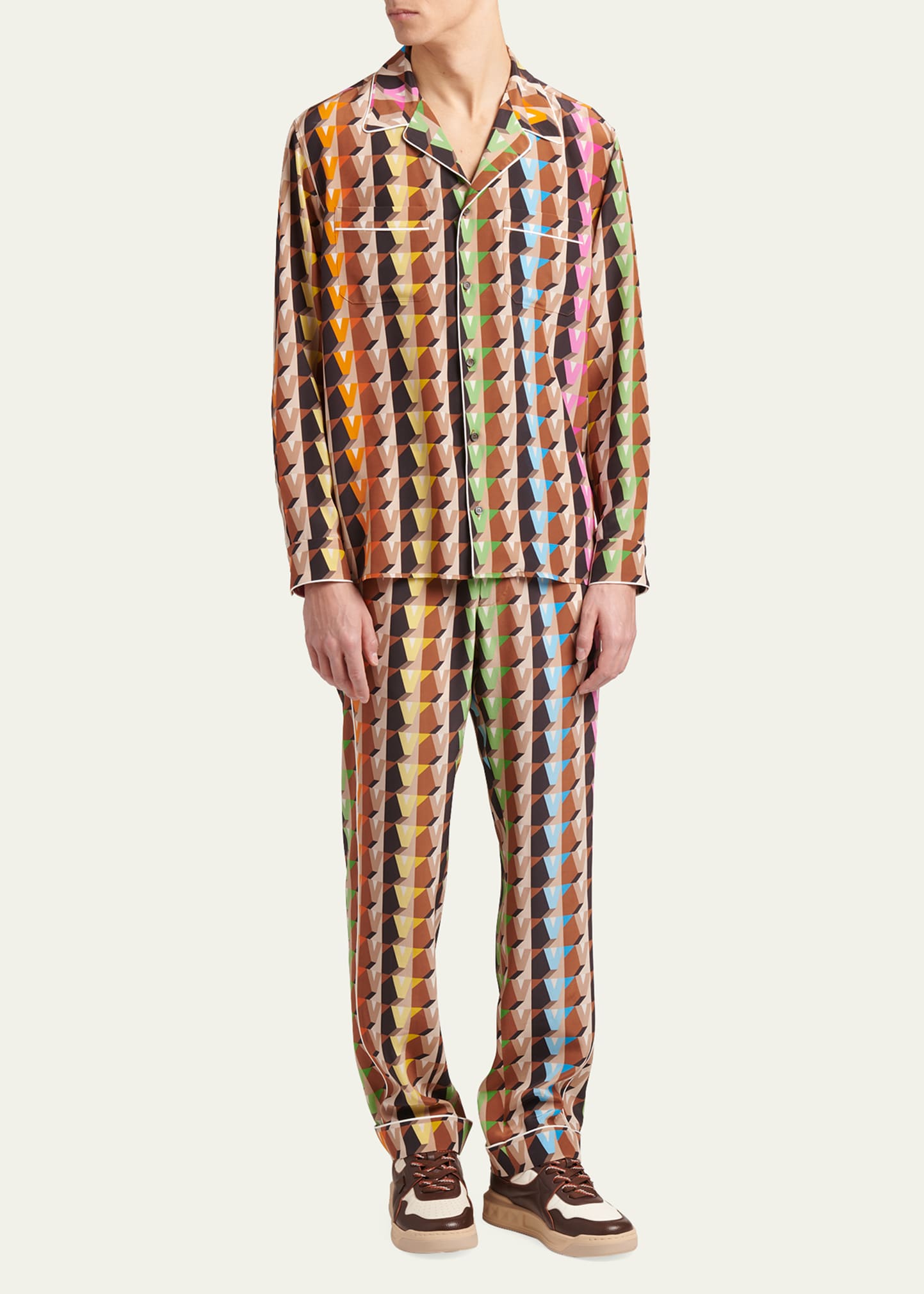 Valentino Men's Multicolor V-Print Silk Pajama Pants