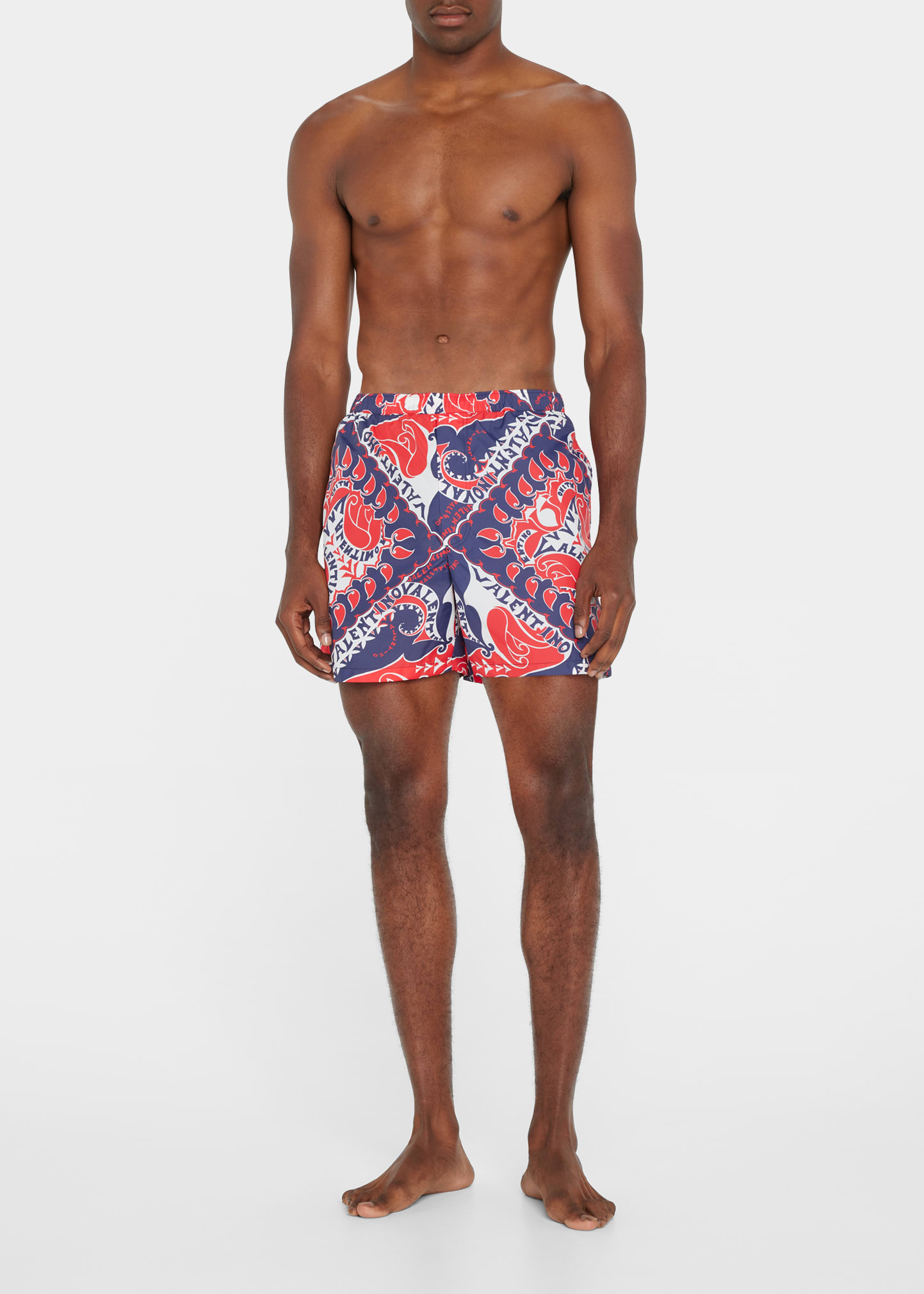 Valentino Men's Bandana-Print Logo Nylon Swim Shorts