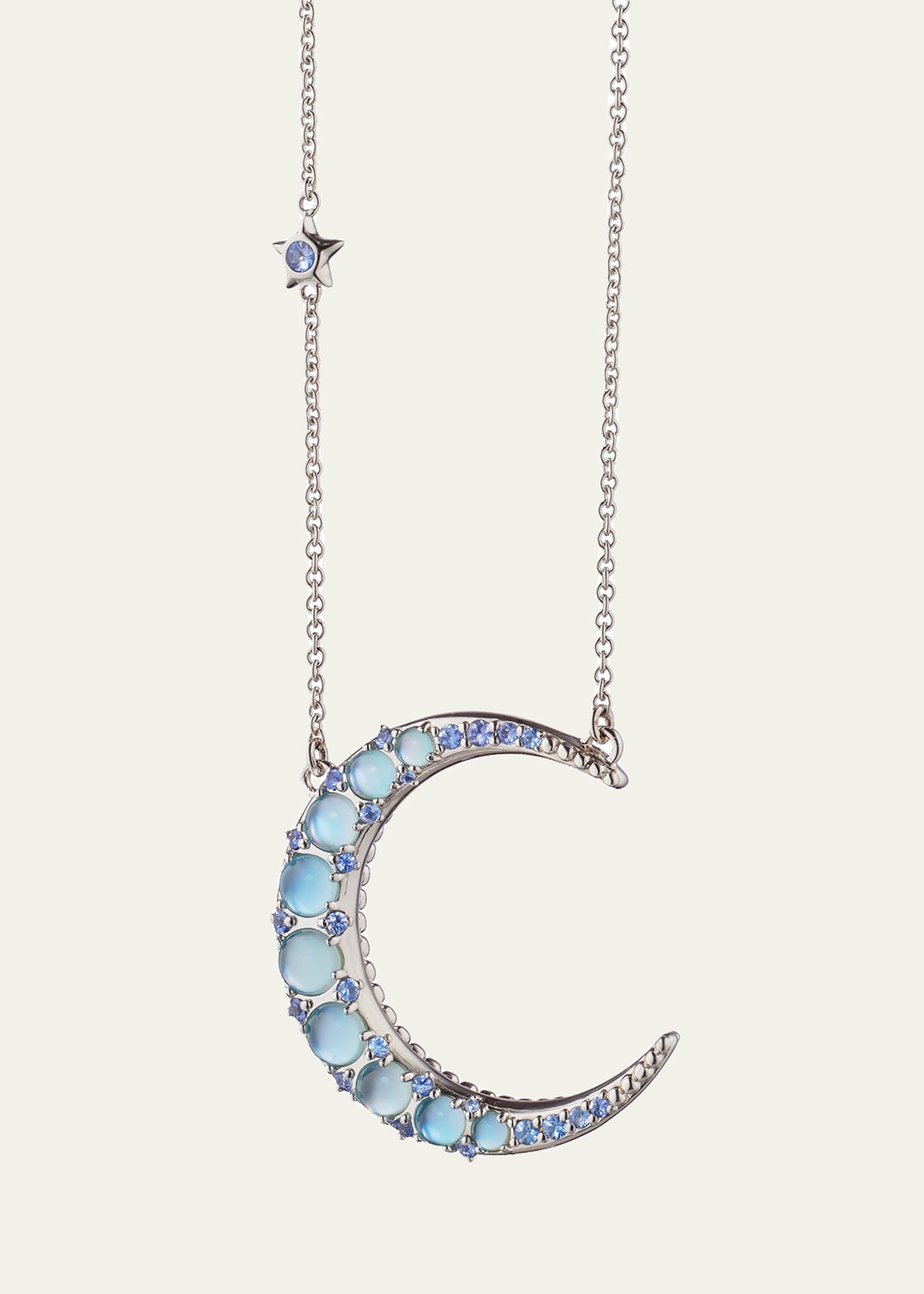 Rounded Crescent Moon Charm Necklace with Blue Topaz and Sapphires