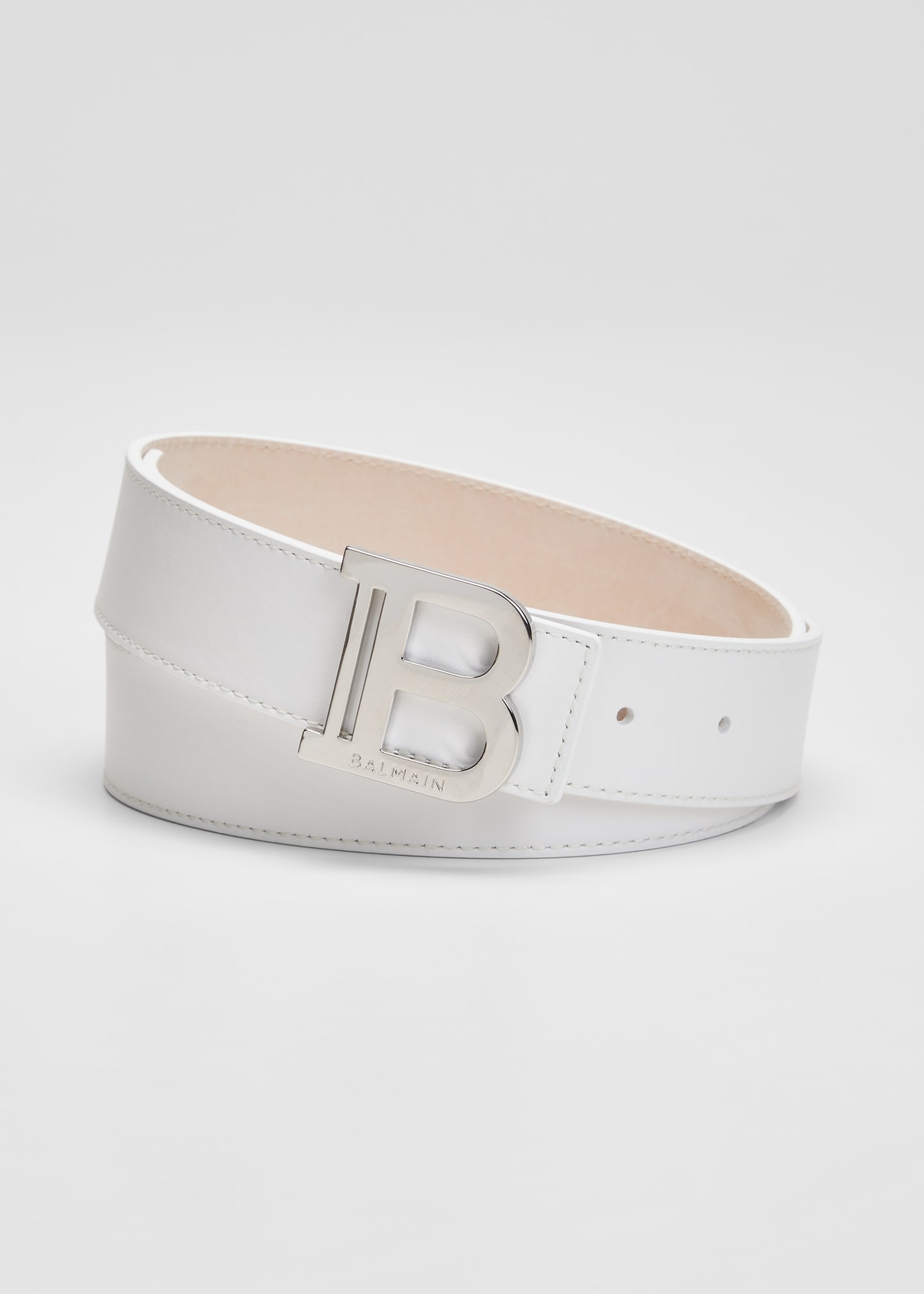 Balmain Men's B-buckle Calfskin Belt In White
