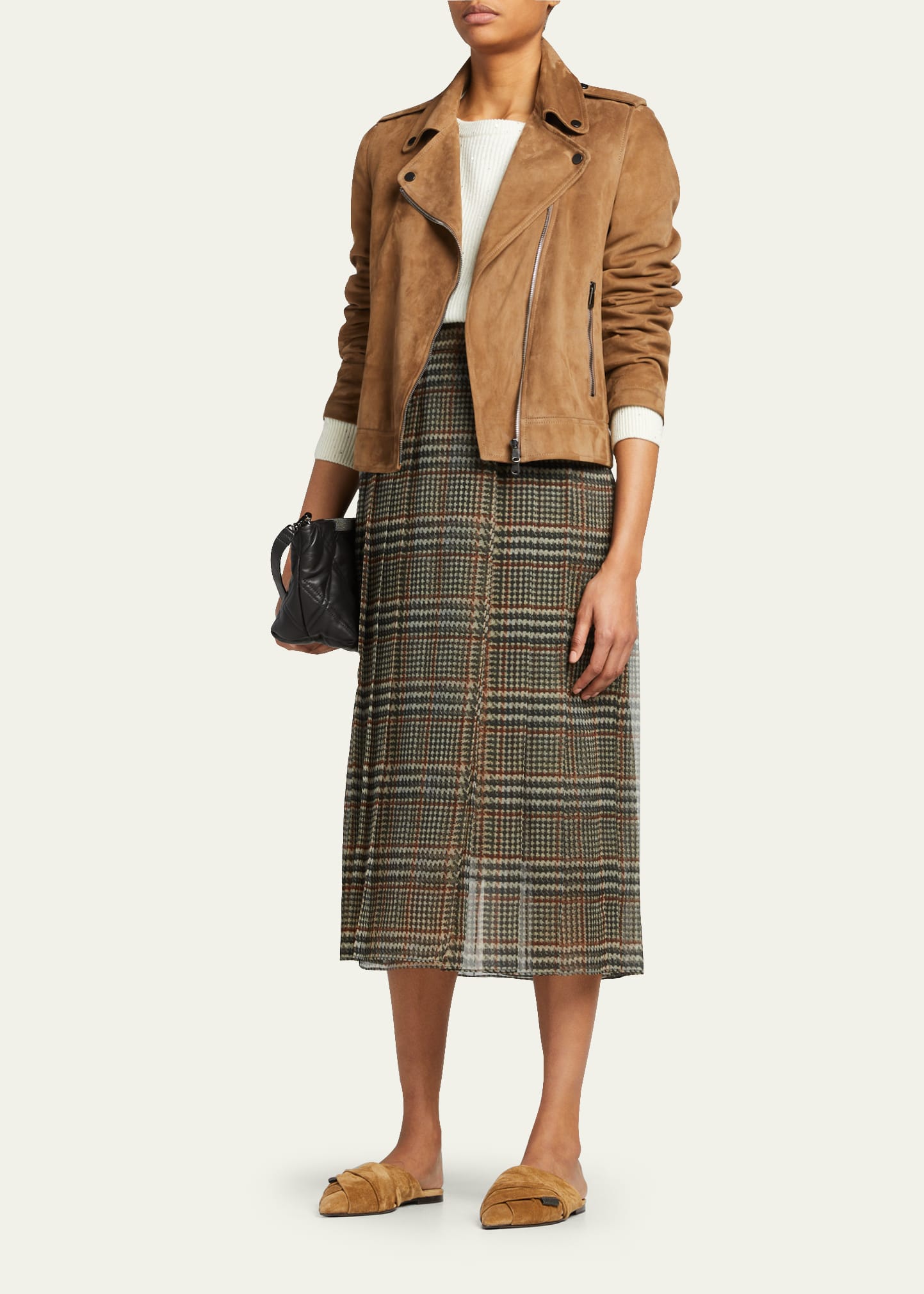 Brunello Cucinelli Pleated Silk Houndstooth Midi Skirt With Monili Tab In C6902 Plaid