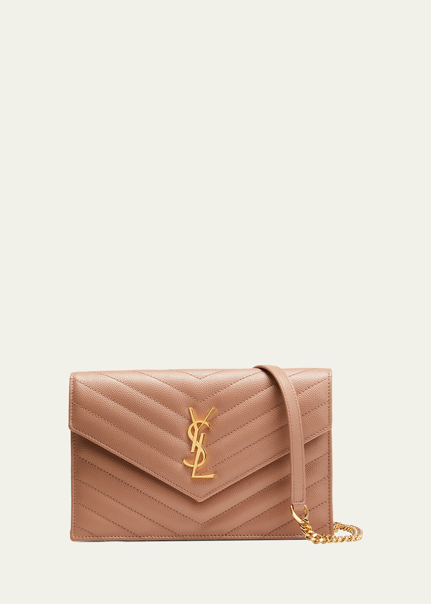 Shop Saint Laurent Ysl Monogram Small Wallet On Chain In Grained Leather In Vintage Peach