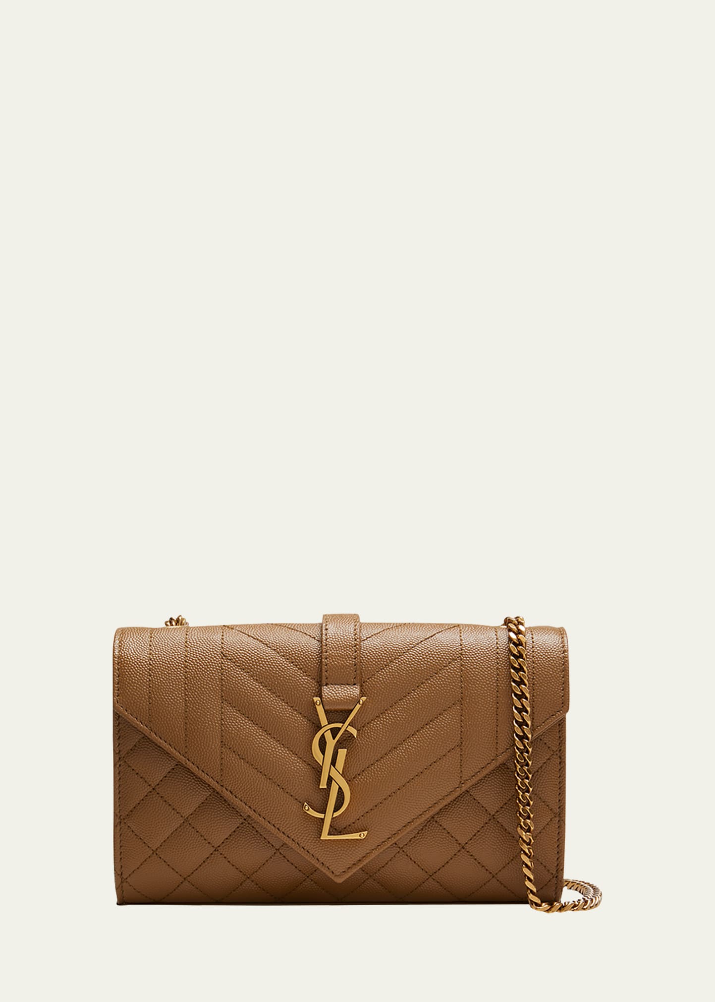 Shop Saint Laurent Envelope Triquilt Small Ysl Shoulder Bag In Grained Leather In Old Oil