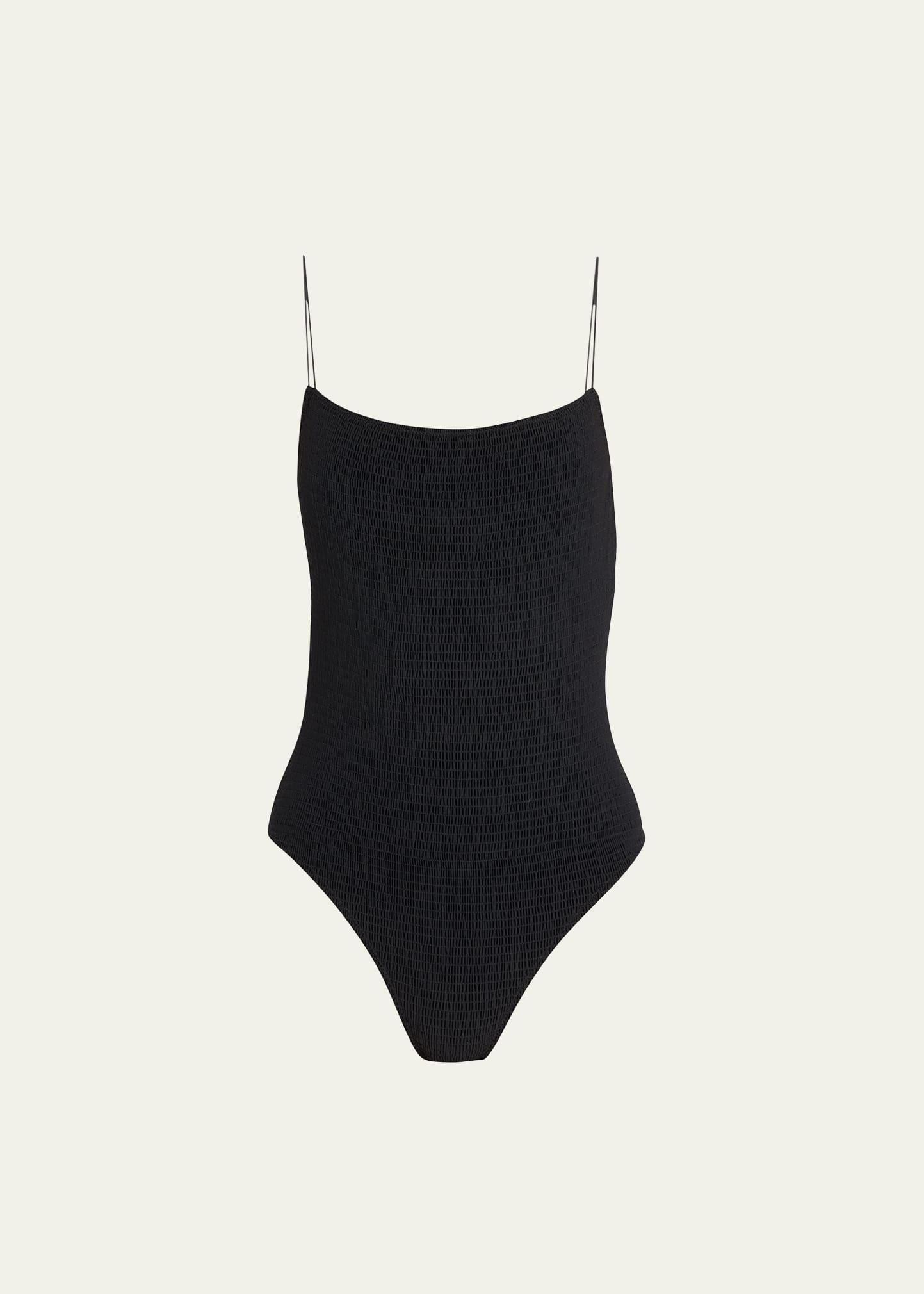 Shop Totême Smocked Square-neck One-piece Swimsuit In Black