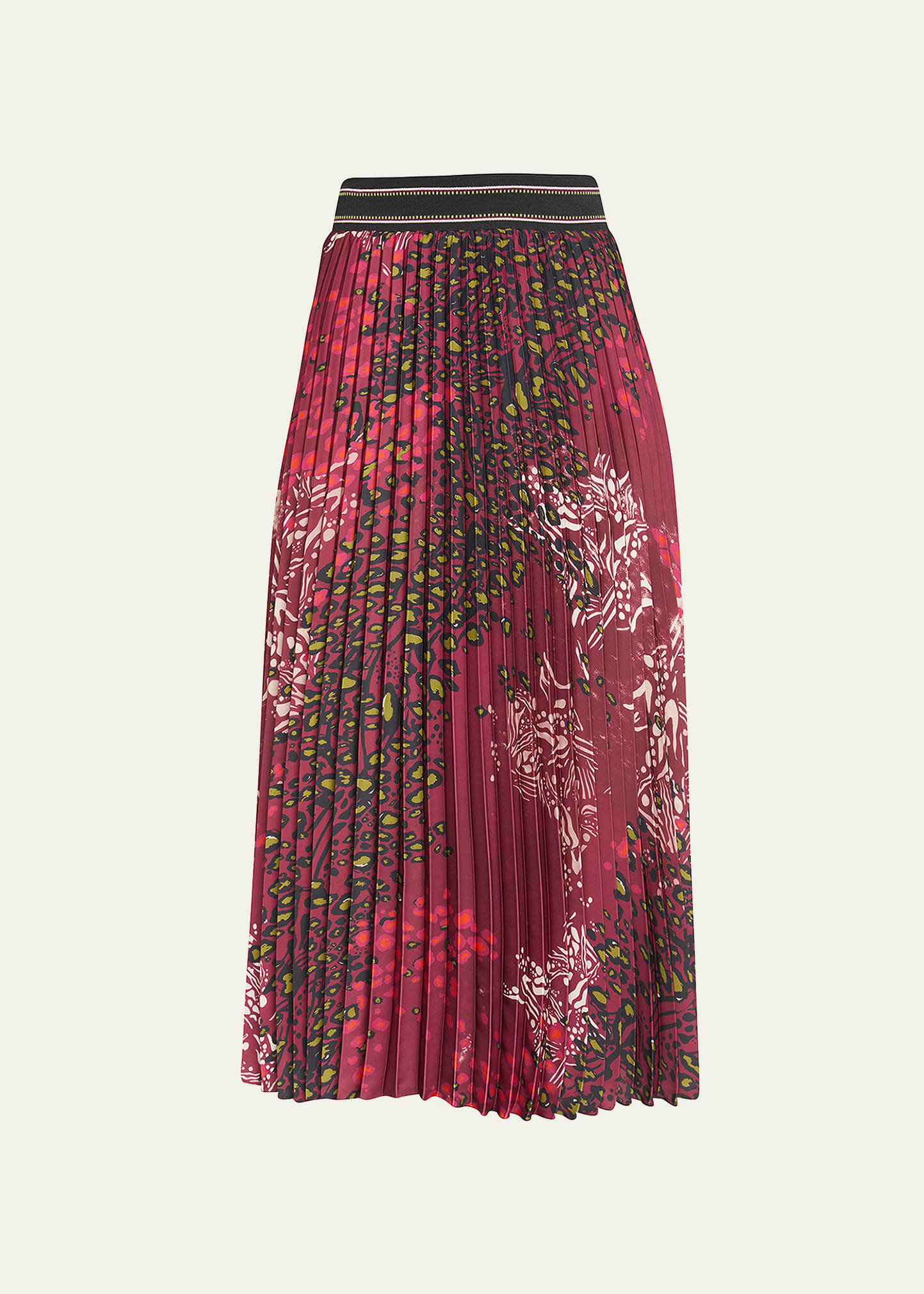 Fuzzi Pleated Animal-Print Satin Skirt