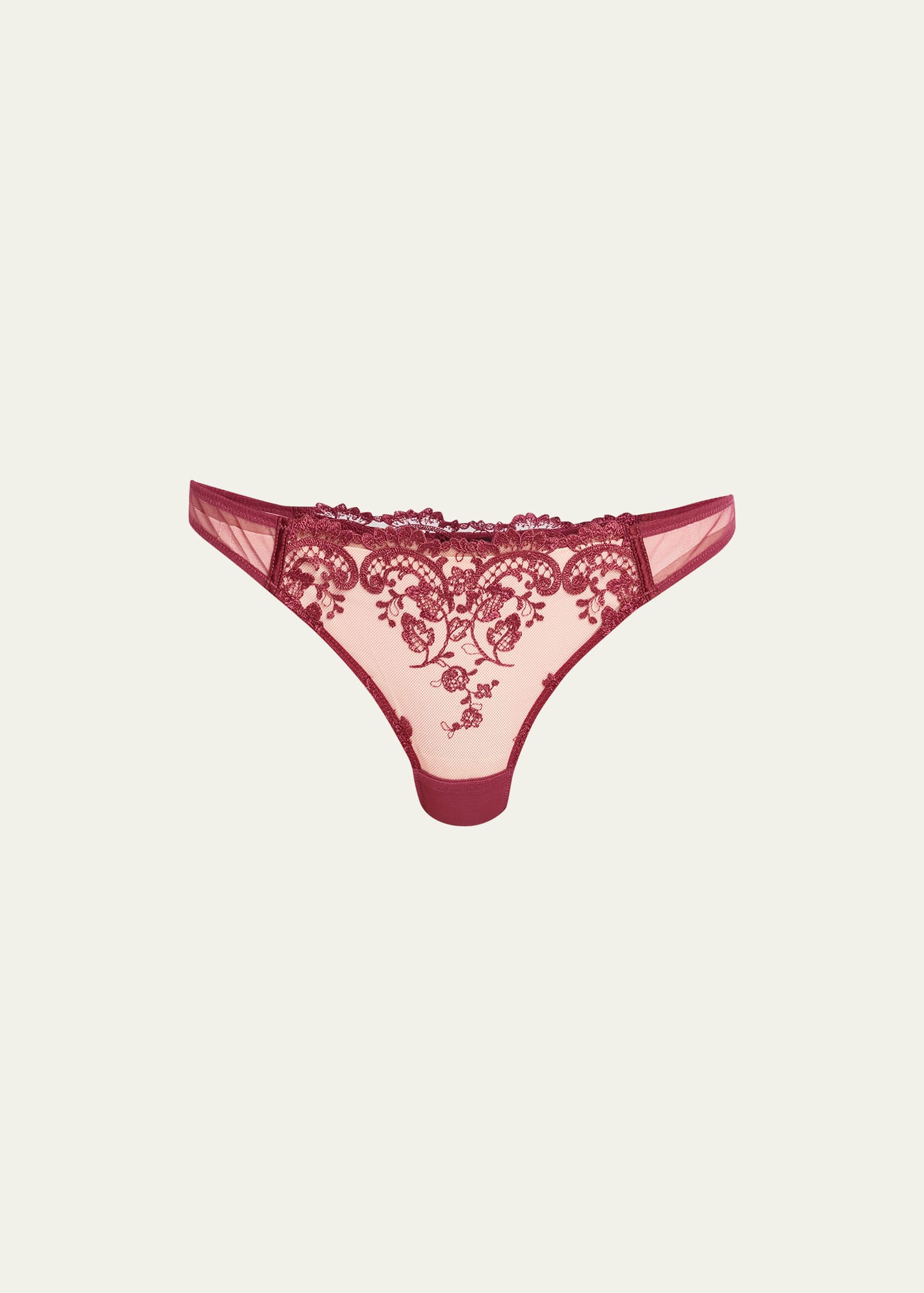 Kiki De Montparnasse Juliette Embroidered Tulle Thong In Cabernet