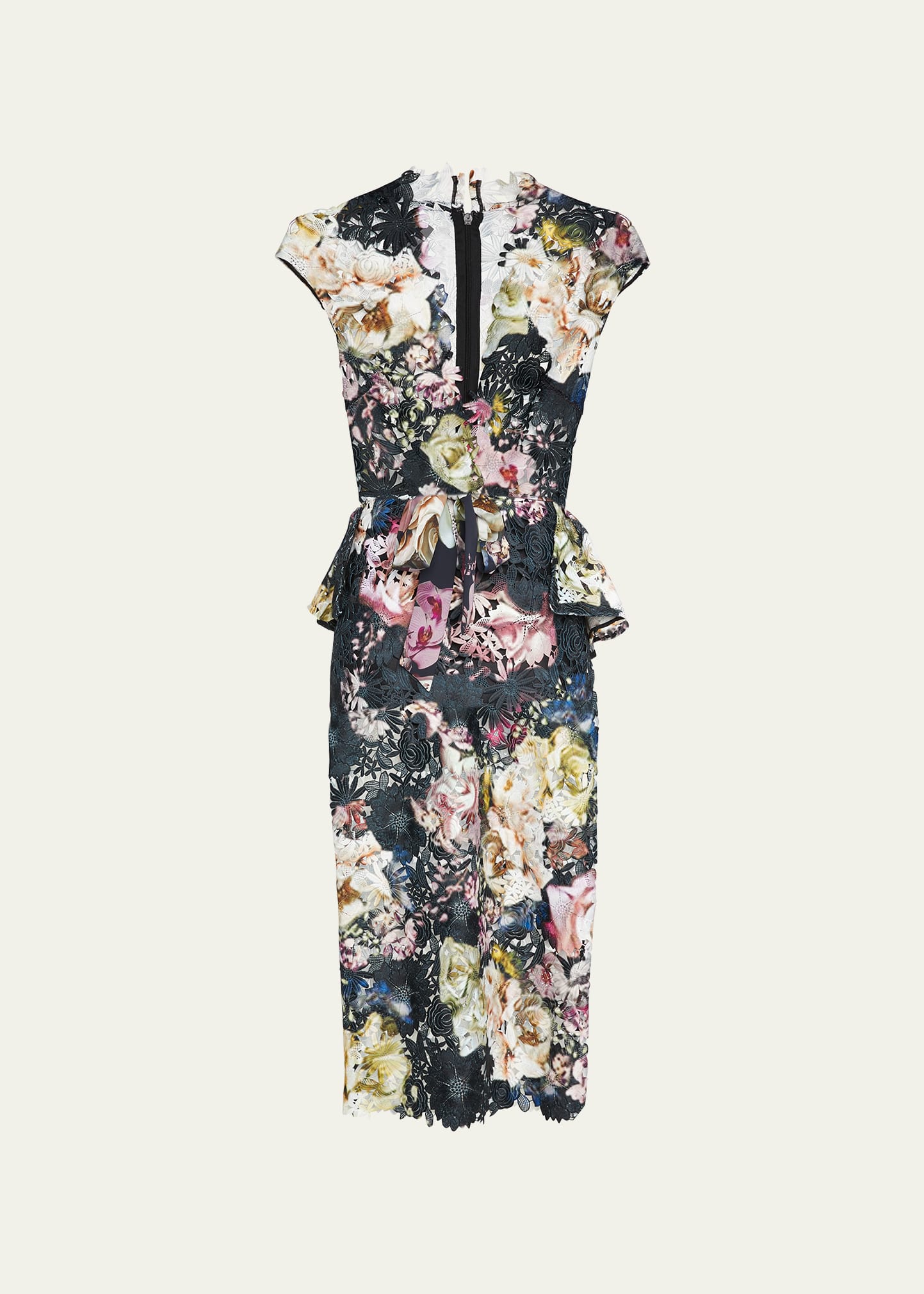 MONIQUE LHUILLIER PRINTED LACE SHEATH DRESS WITH PEPLUM BELT
