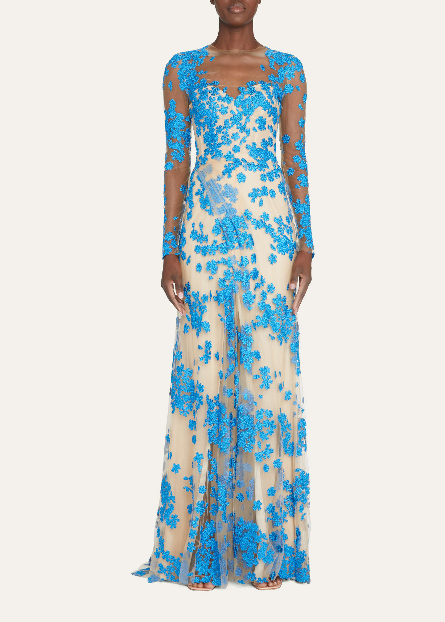 MONIQUE LHUILLIER TULLE FLORAL-EMBROIDERED ILLUSION GOWN
