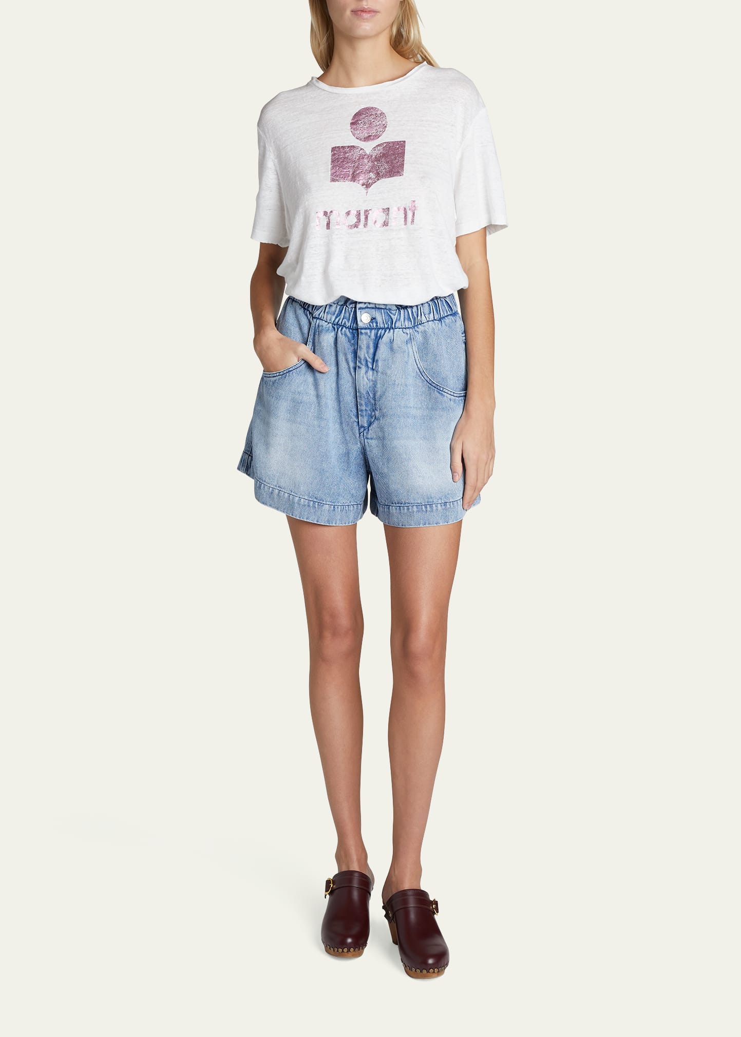 Isabel Marant Étoile Linen Tshirt With Logo In Pink/white
