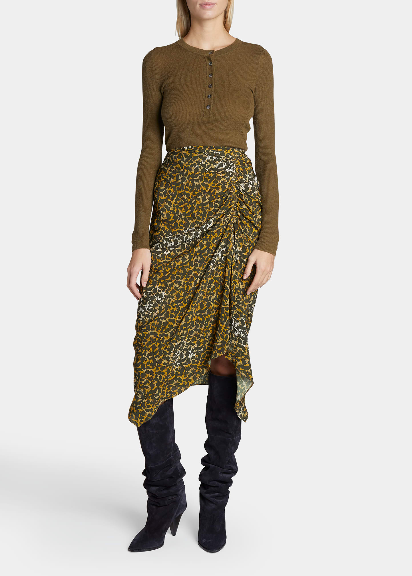 Isabel Marant Étoile Azaria Floral Print Ruched Handkerchief Hem Midi Skirt In Bronze