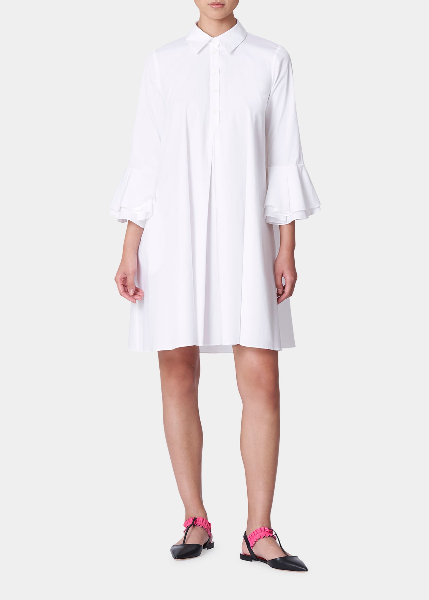 Carolina Herrera Collared Cascading Ruffle-sleeve Short Dress In White