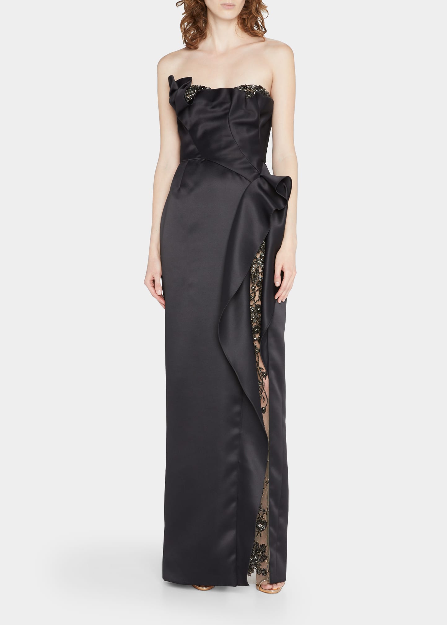 Shop Marchesa Crystal-embellished Floral Strapless Satin Column Gown In Black