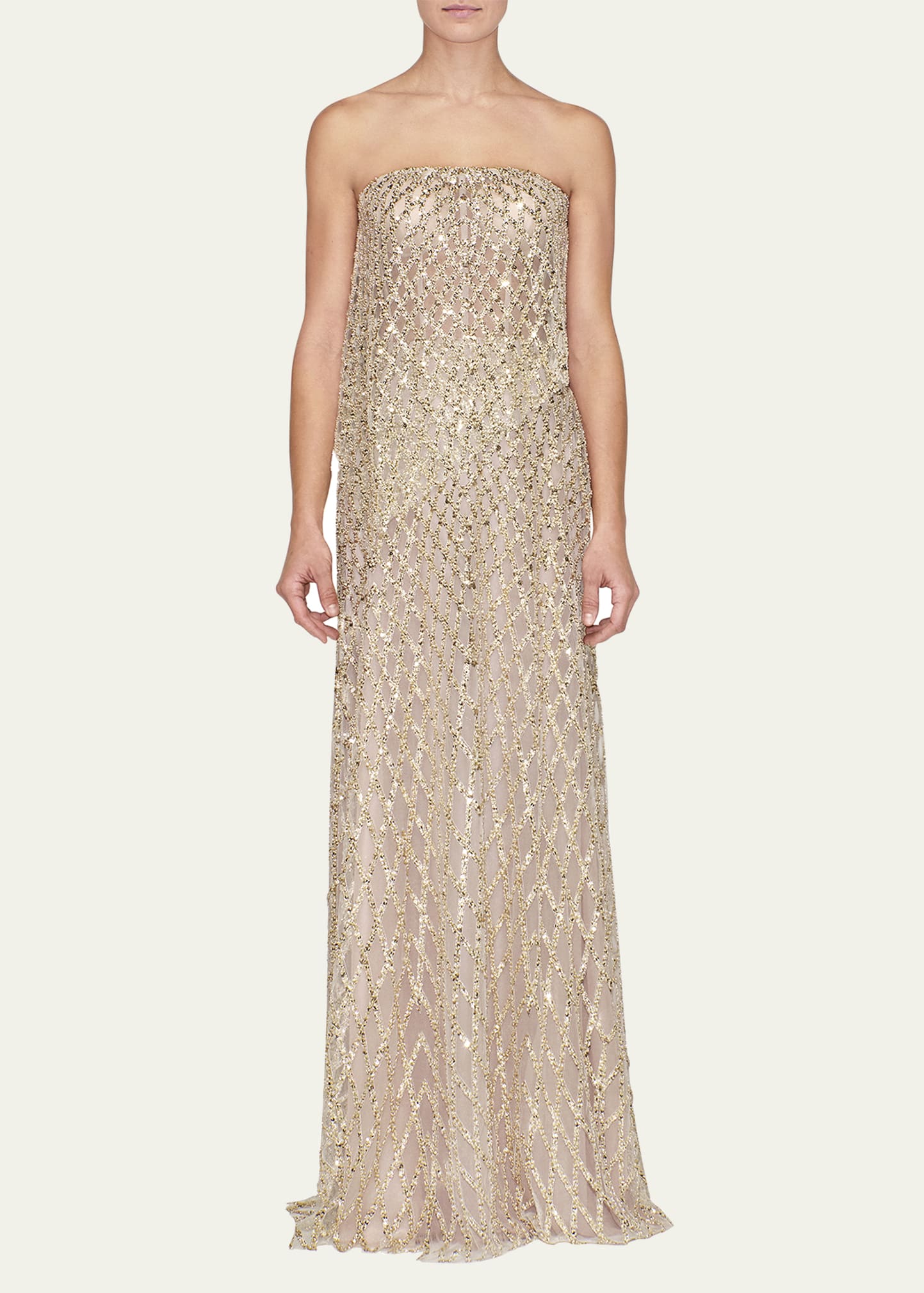 Reem Acra Strapless Layered Embellished Tulle Gown In Nude Gold | ModeSens
