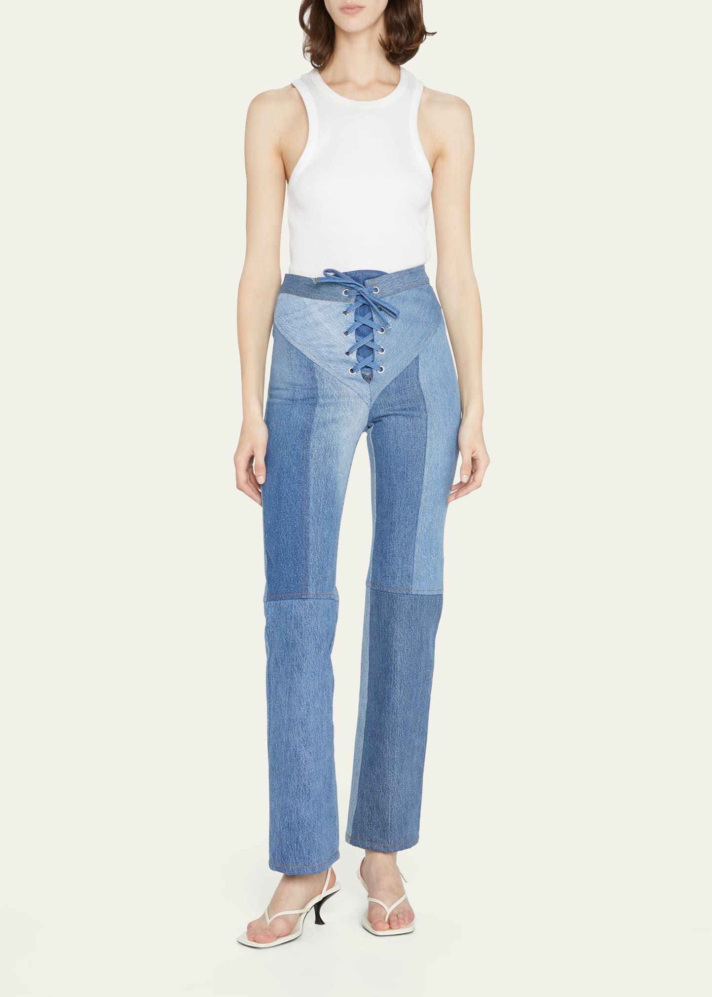 EB DENIM Lace-Up Straight Leg Colorblock Cropped Jeans