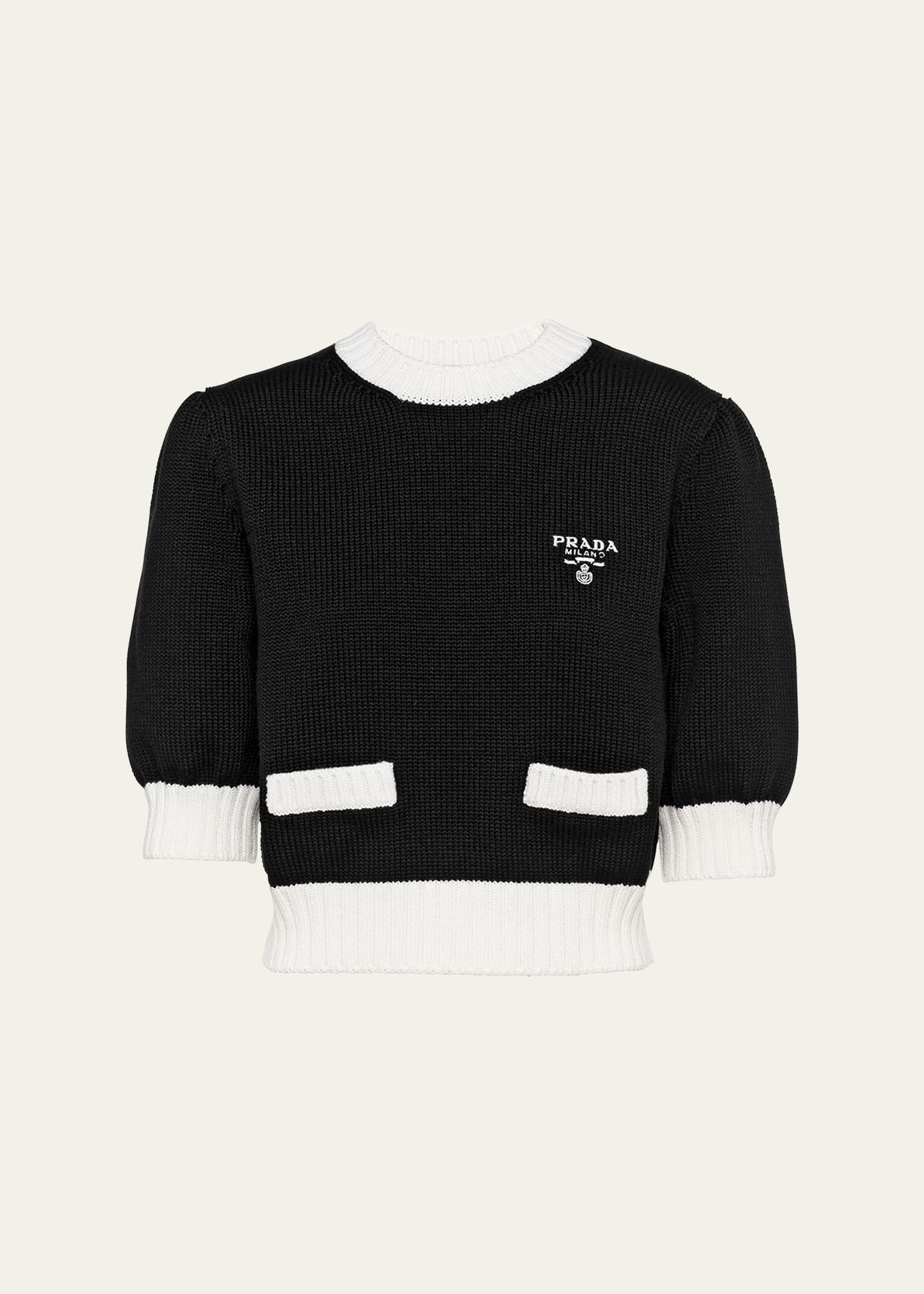 Prada Bicolor Cropped Knit Sweater In F0967 Nero Bianco