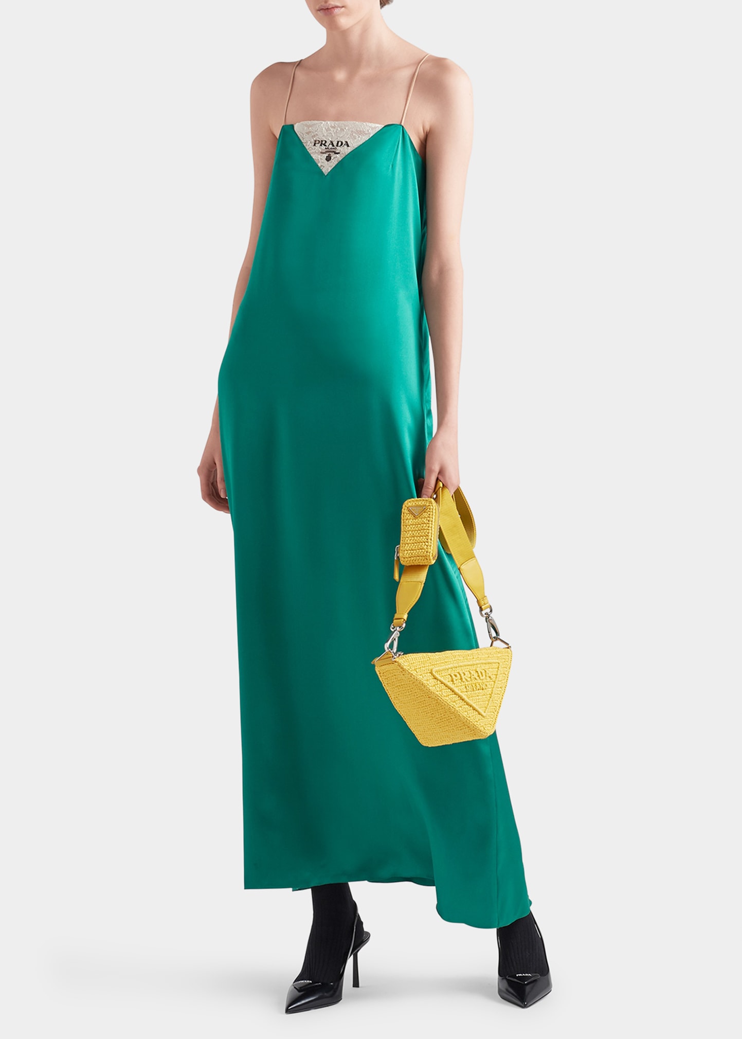 Prada Crepe Satin Dress With Belt In F077u Smeraldo | ModeSens