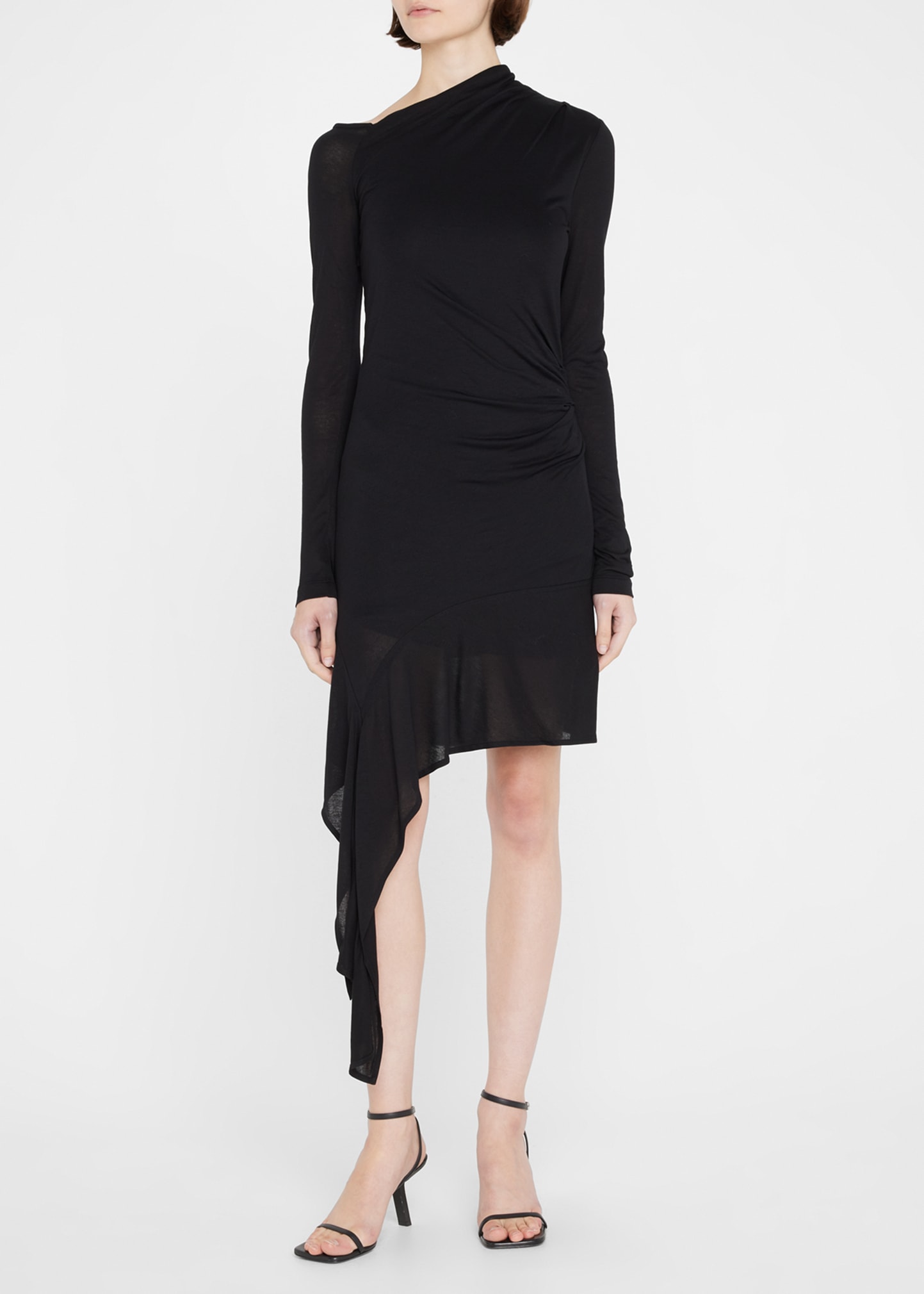 Helmut Lang Scala Draped Long-sleeve Asymmetric Hem Mini Dress In Bslt Black