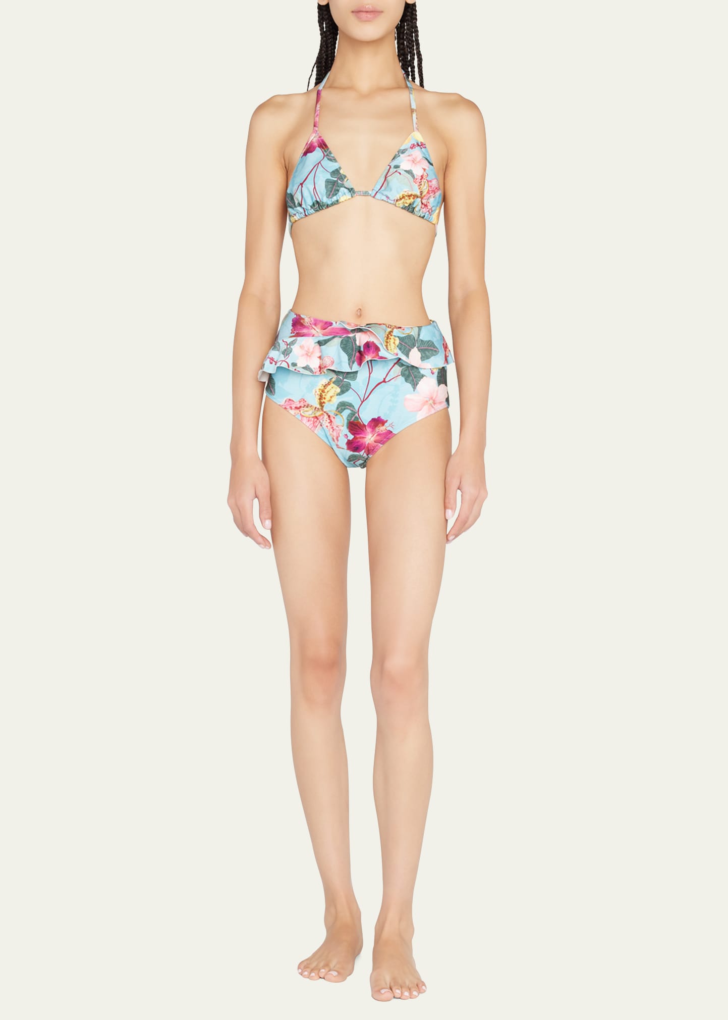 Patbo Hibiscus Ruffled High-waist Bikini Bottoms In Celeste