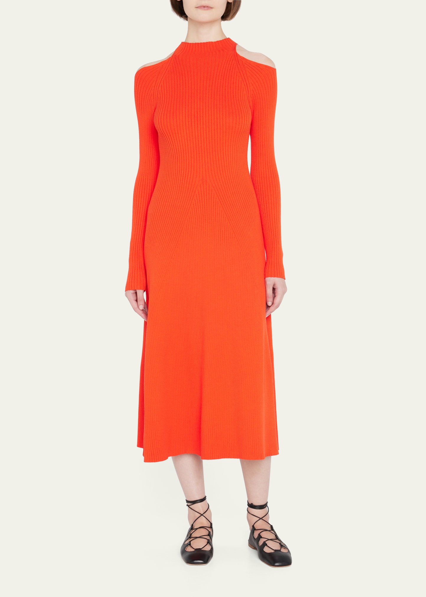 A.W.A.K.E. RIBBED HIGH-NECK A-LINE MIDI DRESS