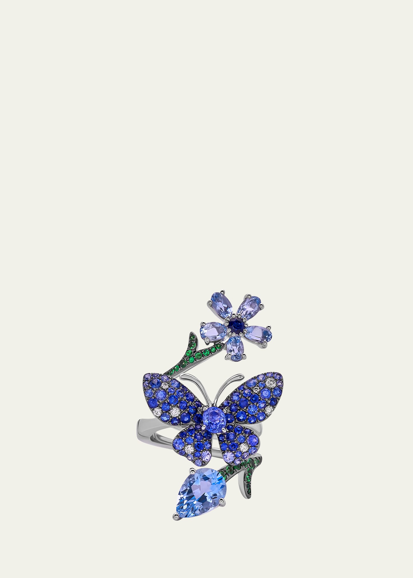 White Gold Blue Sapphire, Green Garnet, Aquamarine Ring from The Butterfly Collection, Size 7