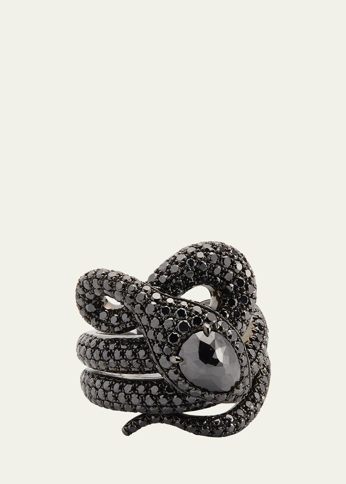 White Gold Black Diamond Ring with Black Diamond Head from The Snake Collection, Size 7