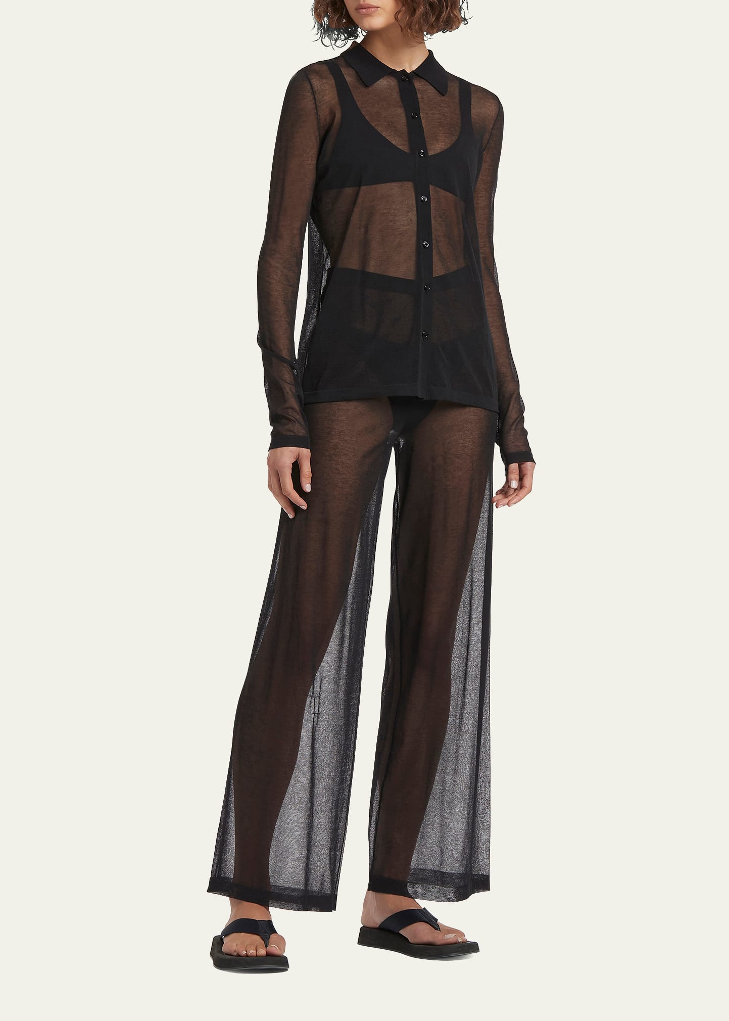 Zuri Sheer Point-Collar Button-Front Shirt