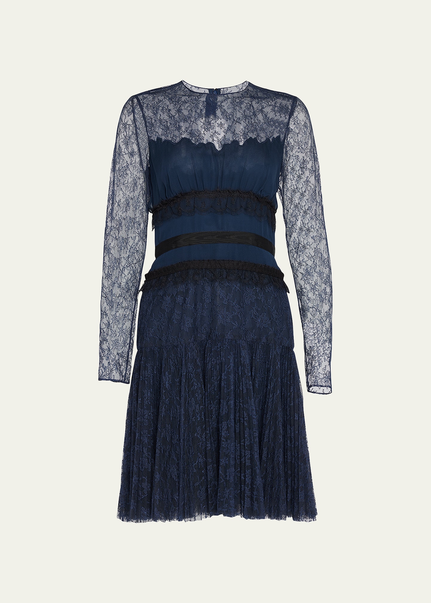 Lace Pleated Ruffle-Trim Cocktail Dress