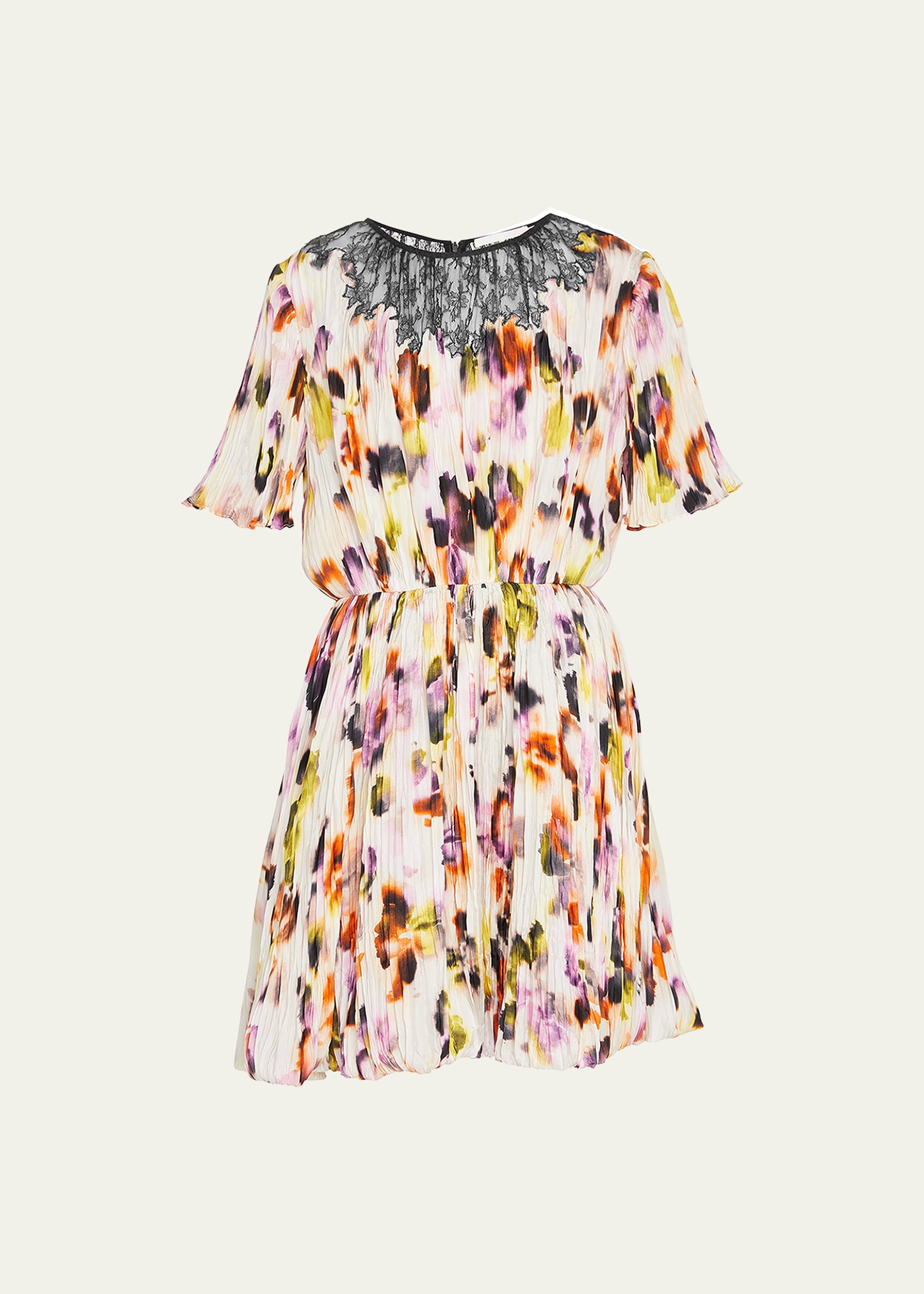 Jason Wu Collection Habotai Blur Floral-Print Lace-Trim Plisse Mini Dress