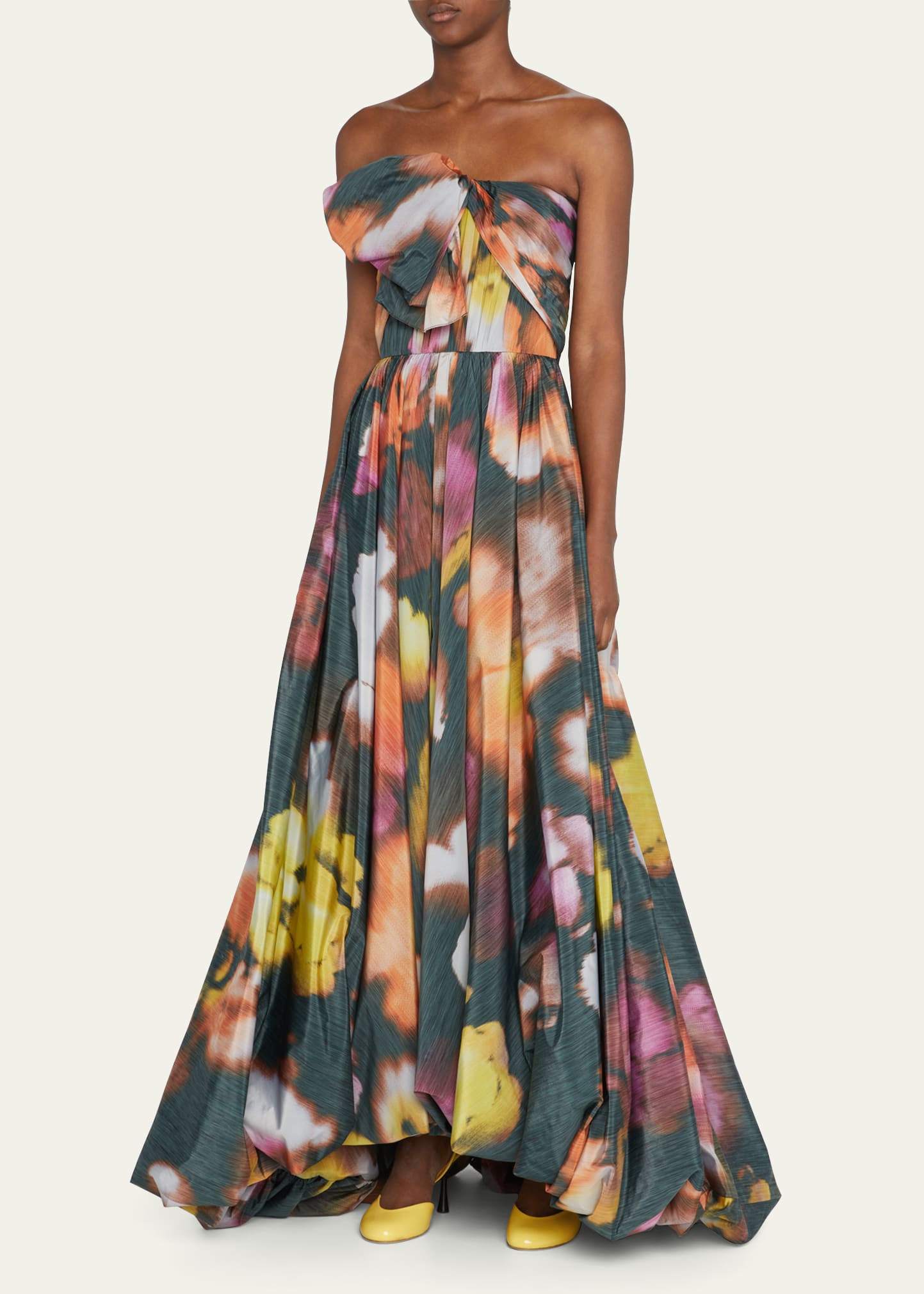 JASON WU COLLECTION IRIS FLORAL WARP-PRINT STRAPLESS HIGH-LOW GOWN