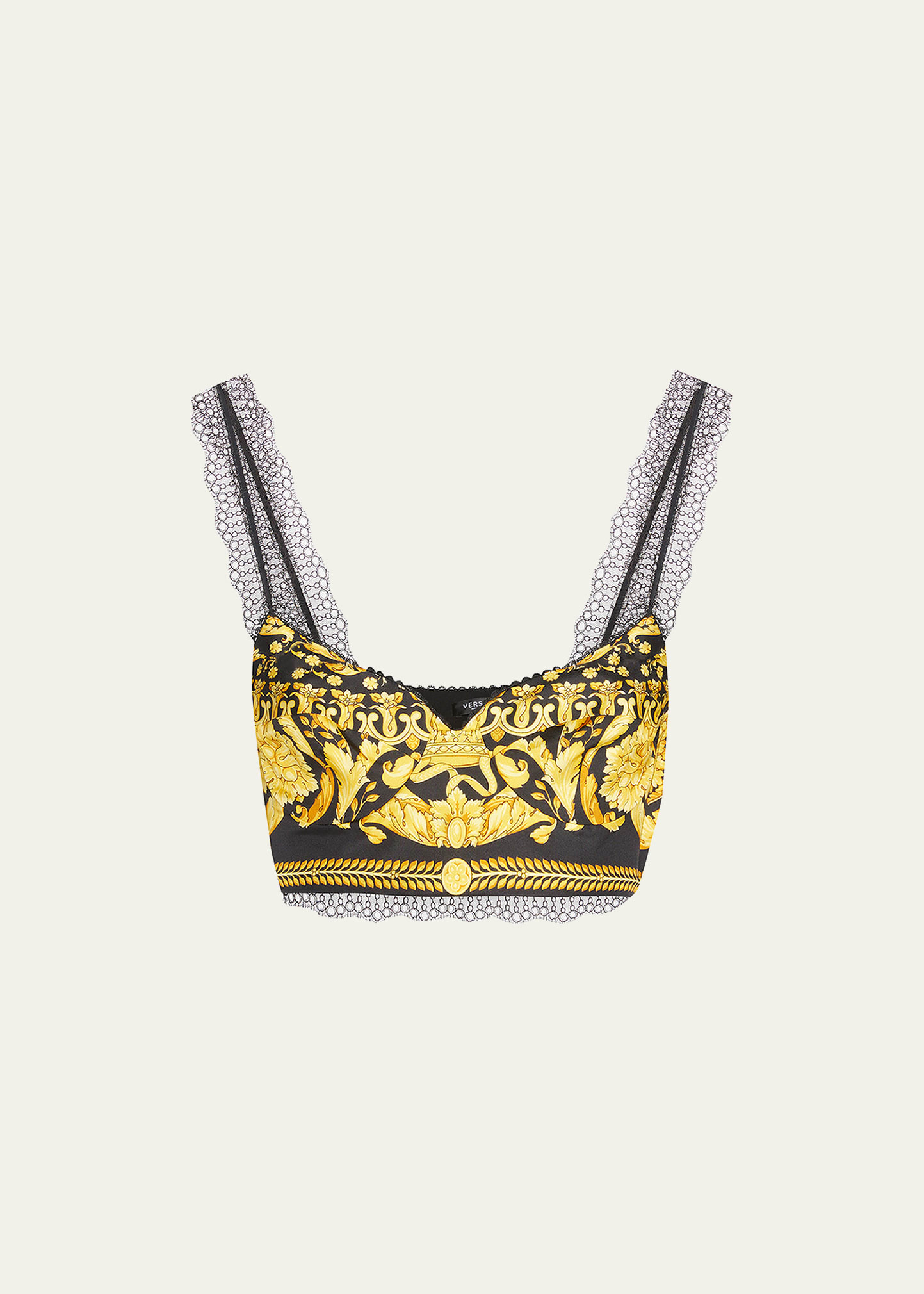 Shop Versace Baroque Heritage-print Lace-trim Silk Bralette In Blackgold