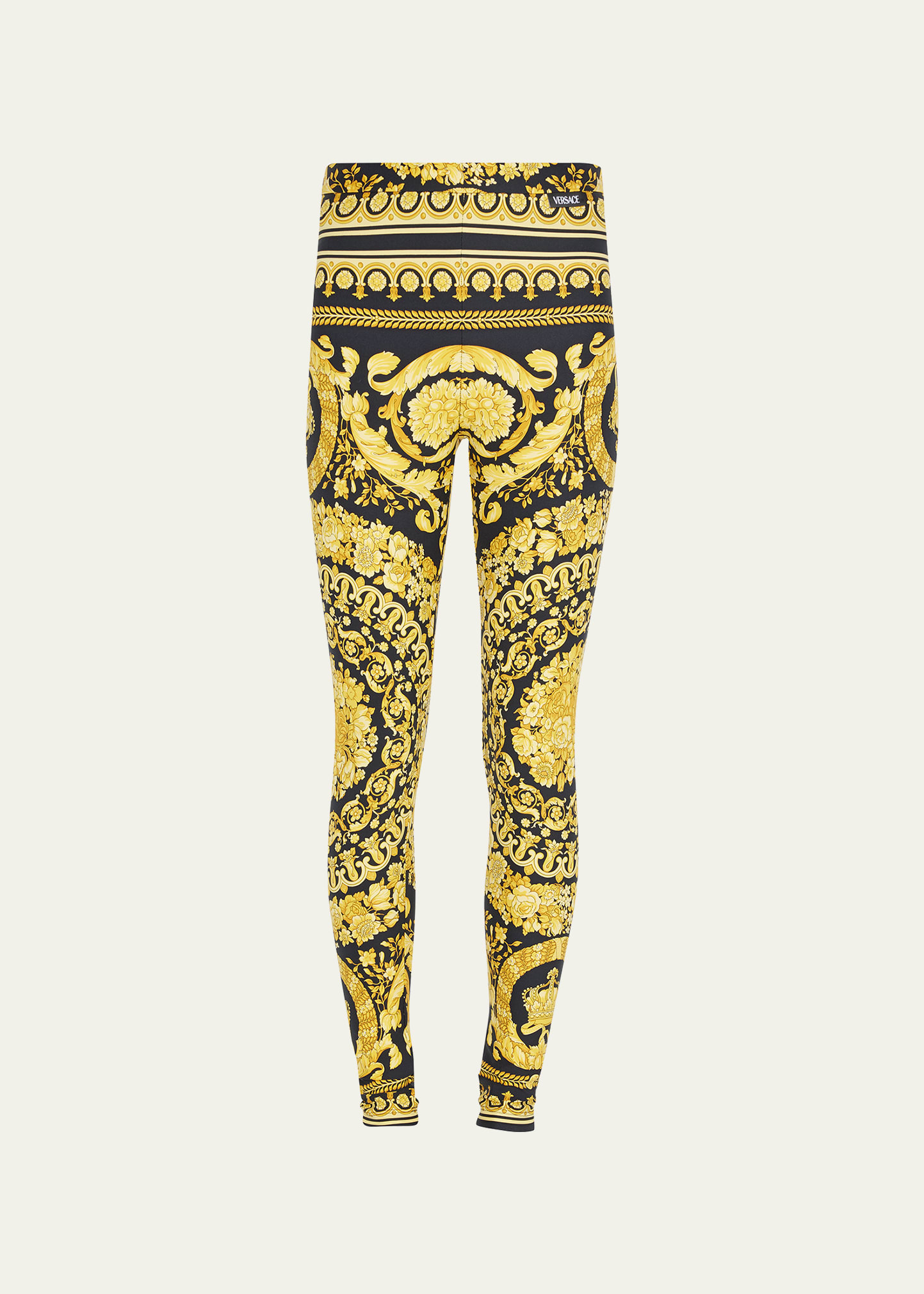 Versace Gold And Black Stretch Fabric Leggings With Baroque Heriatge Print In Black / Gold