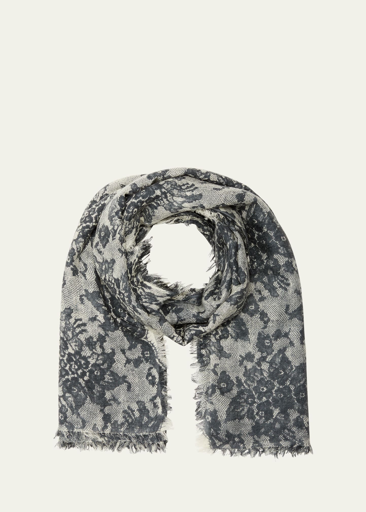 Bajra Lace-print Wool-silk Scarf In White / Gray