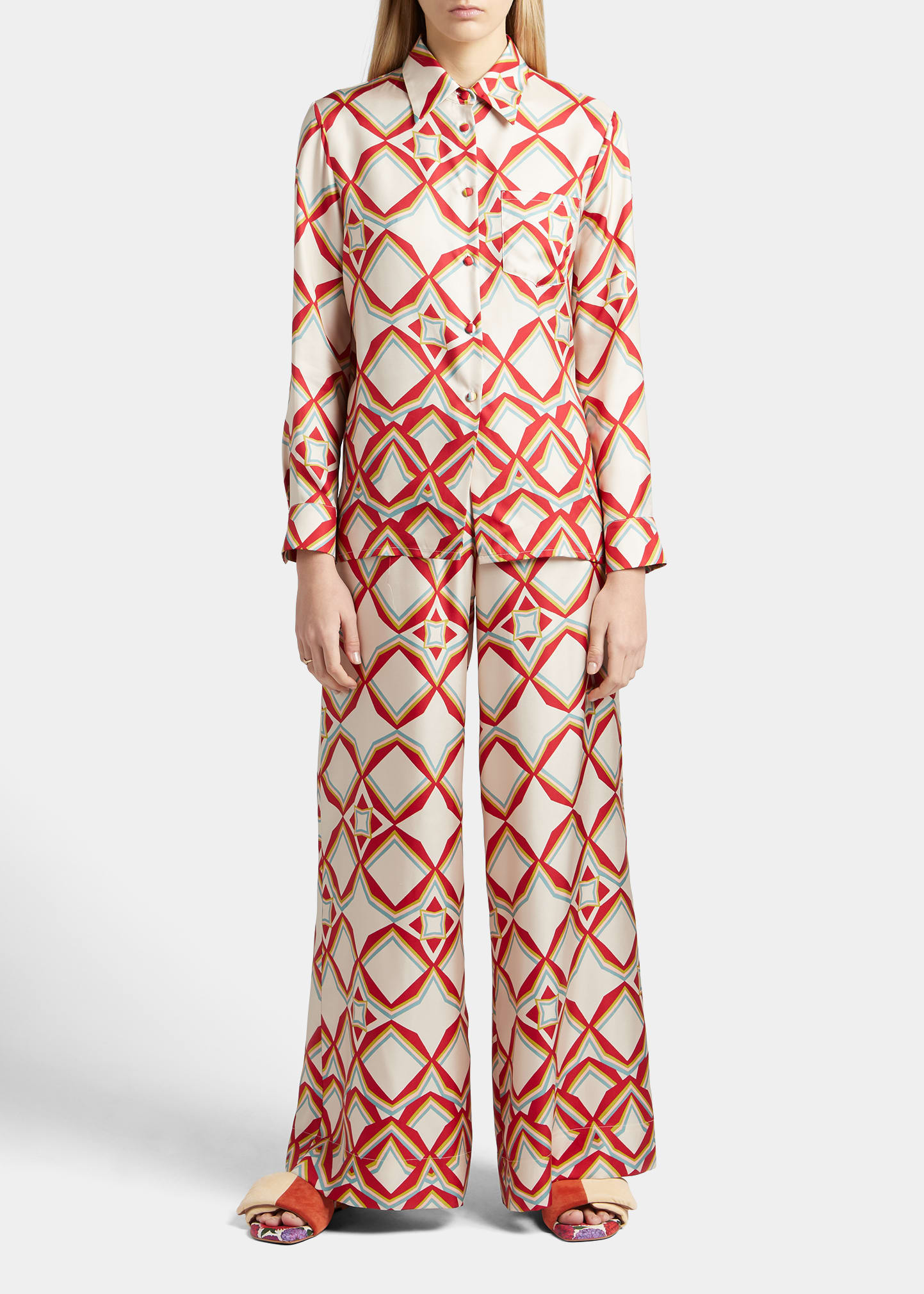 La Doublej Palazzo Abstract Wide-leg Silk Pants In Diamonds